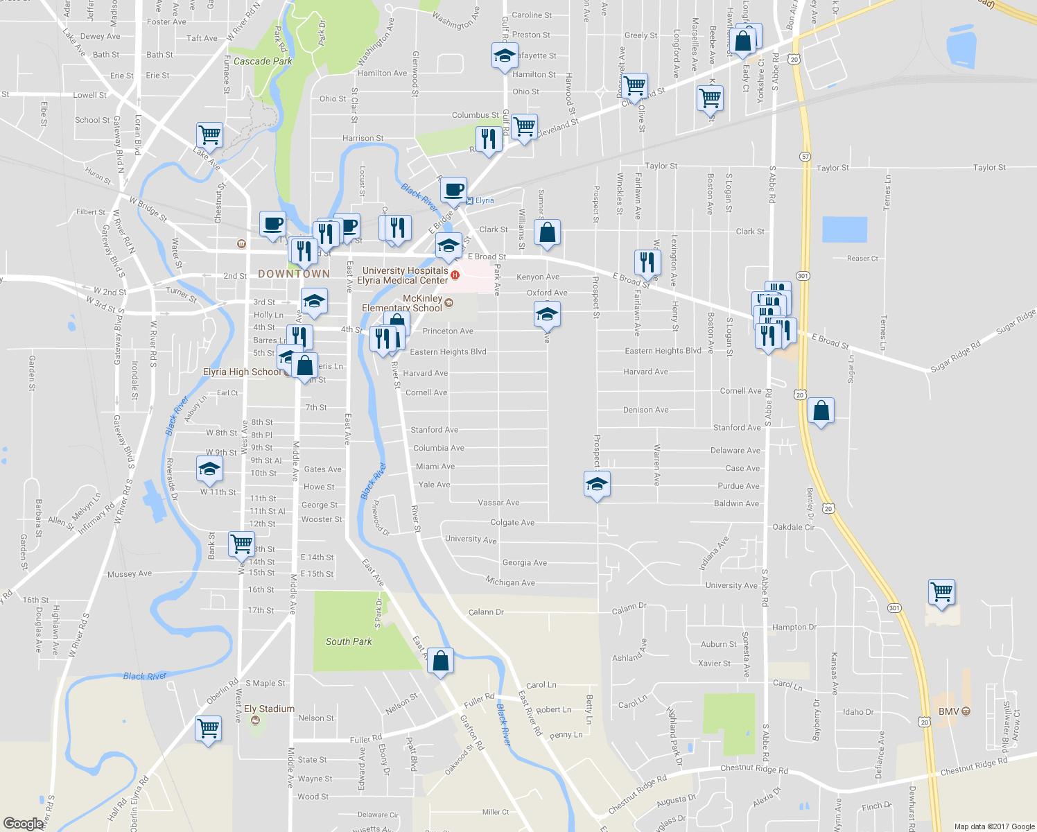 map of restaurants, bars, coffee shops, grocery stores, and more near 323 Denison Avenue in Elyria