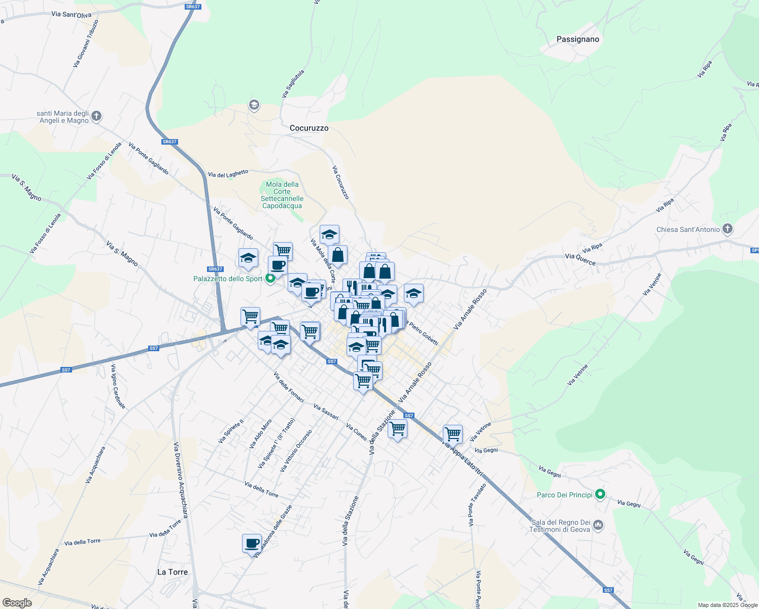 map of restaurants, bars, coffee shops, grocery stores, and more near 11 Via Filippo Turati in Fondi