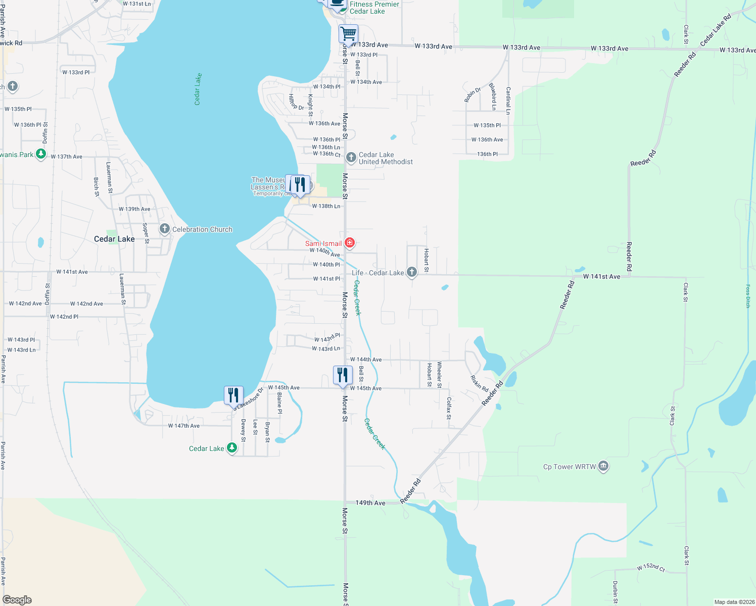 map of restaurants, bars, coffee shops, grocery stores, and more near 14202 Rocklin St in Cedar Lake