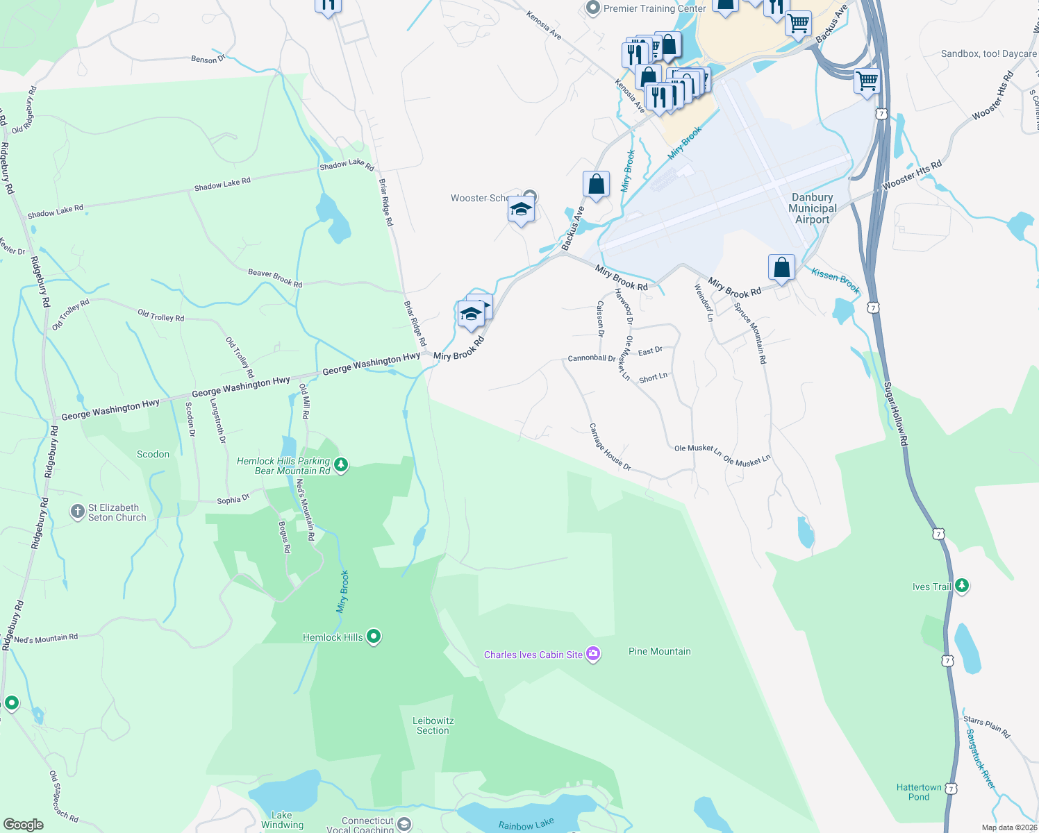 map of restaurants, bars, coffee shops, grocery stores, and more near 11 Marc Road in Danbury
