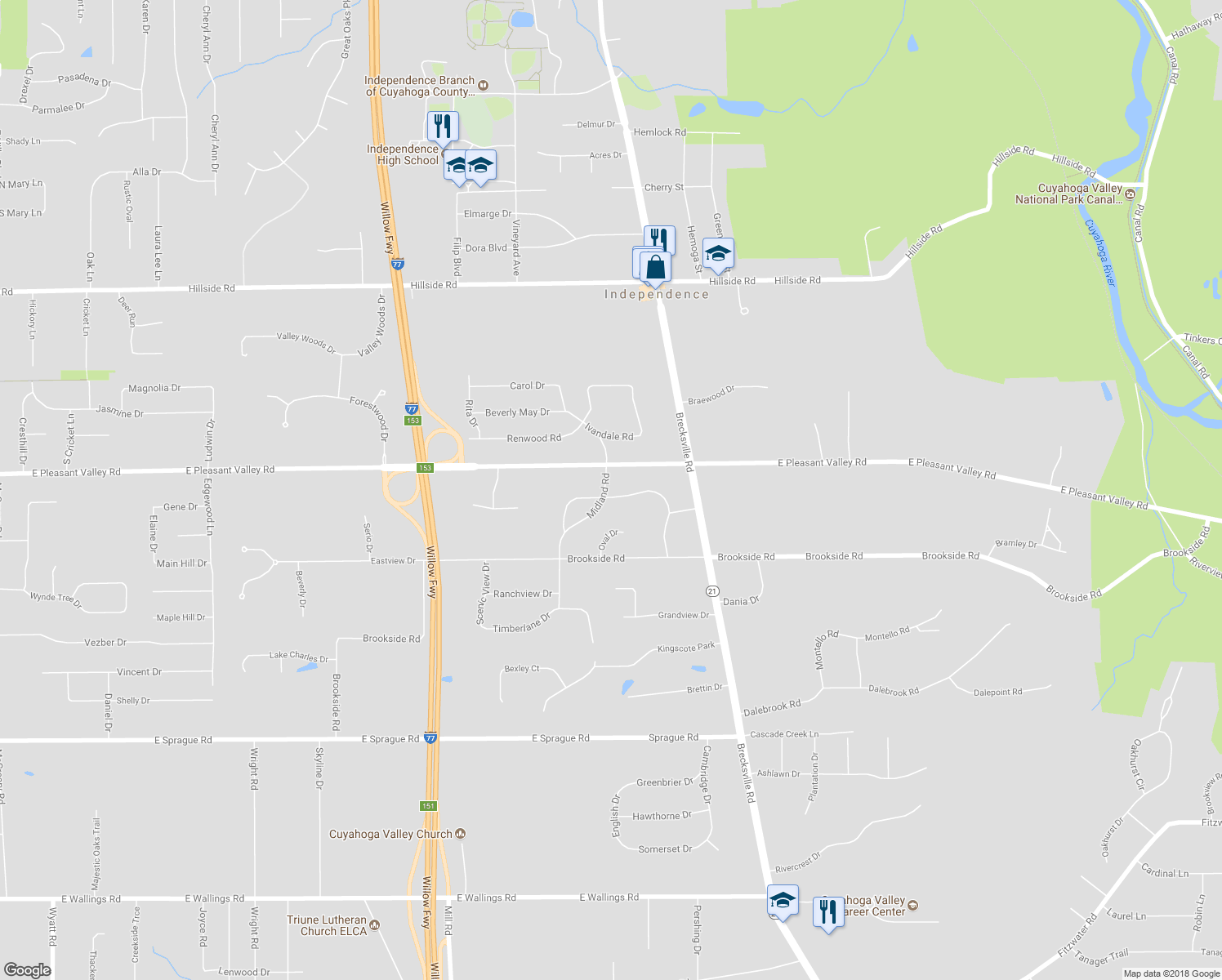 map of restaurants, bars, coffee shops, grocery stores, and more near 6807 Highland Drive in Independence