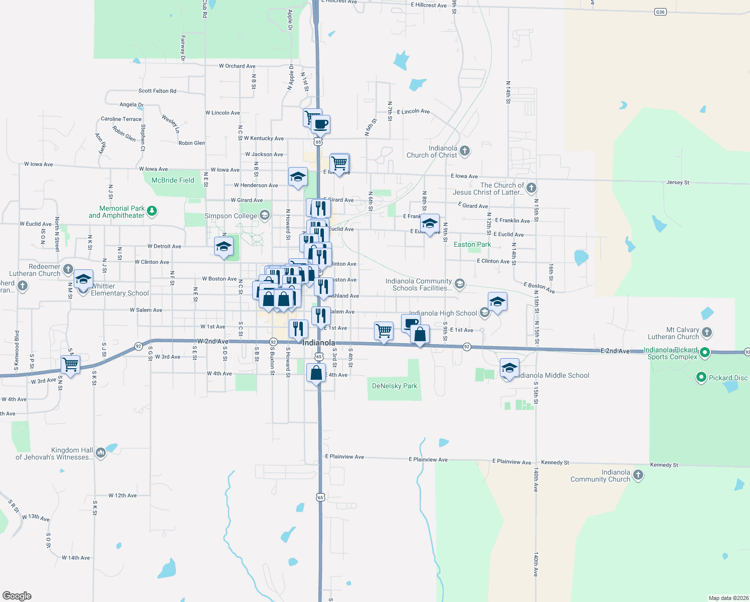 map of restaurants, bars, coffee shops, grocery stores, and more near 701 E Ashland Ave in Indianola