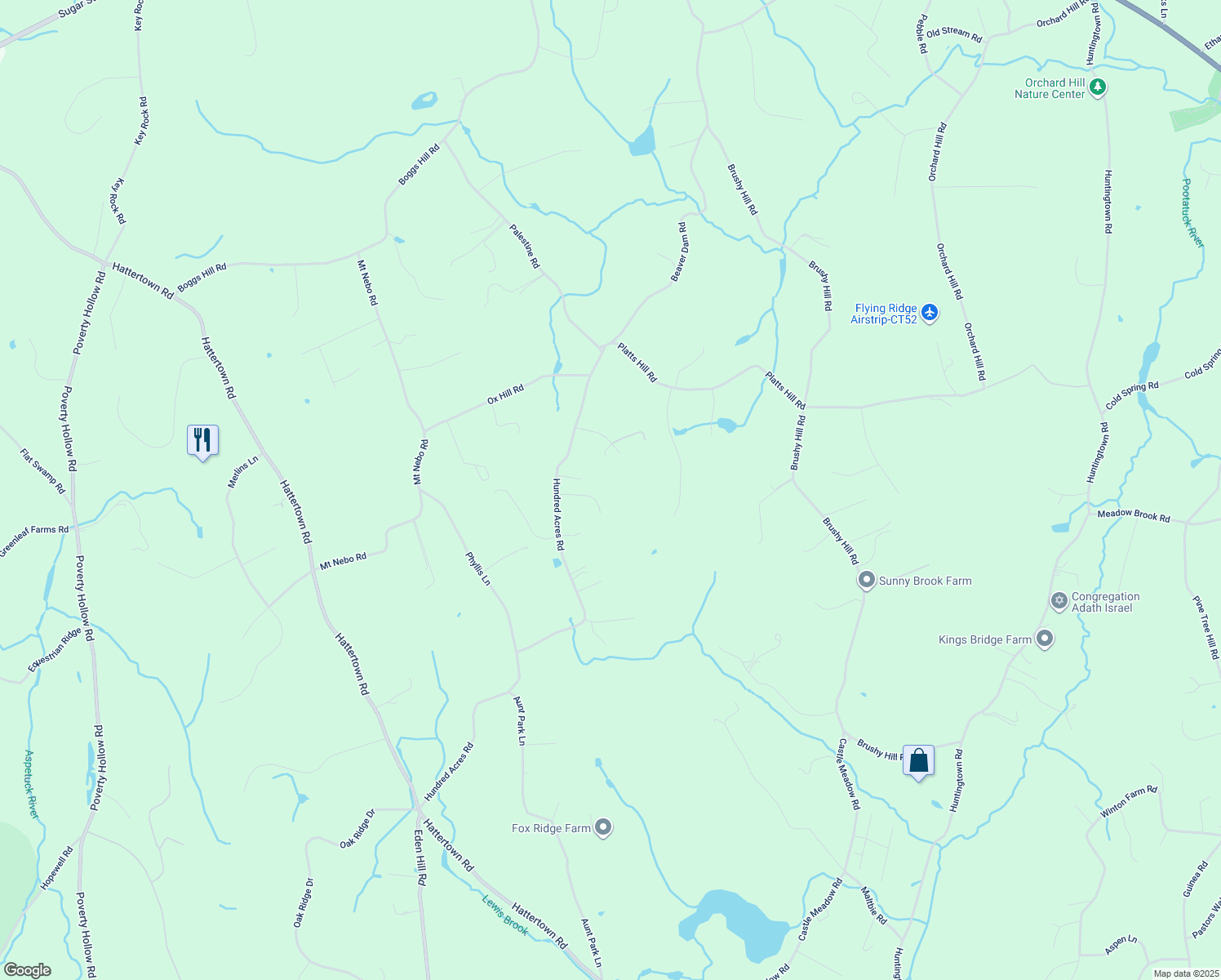 map of restaurants, bars, coffee shops, grocery stores, and more near 6 West Farm Ridge Road in Newtown