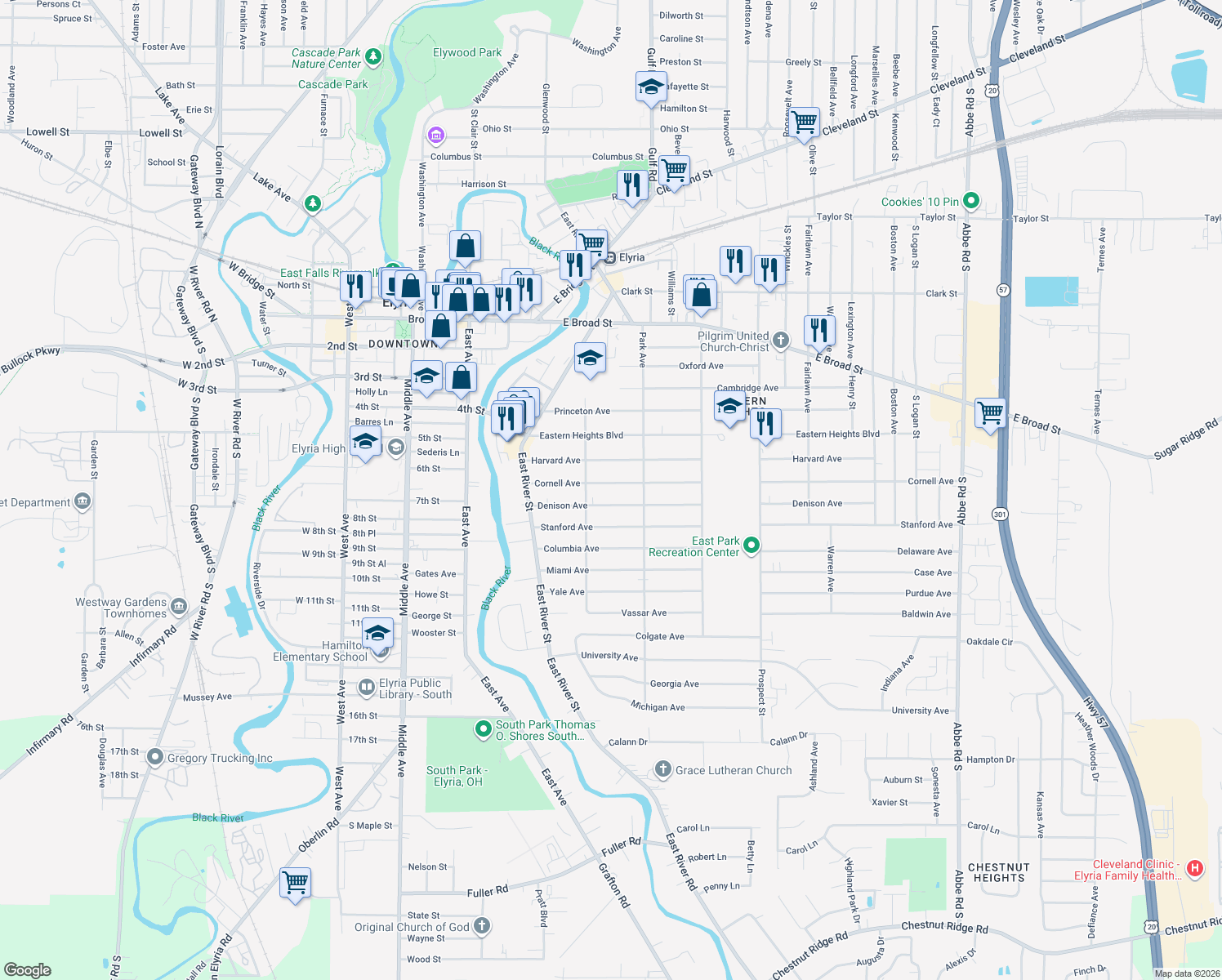 map of restaurants, bars, coffee shops, grocery stores, and more near 227 Cornell Ave in Elyria