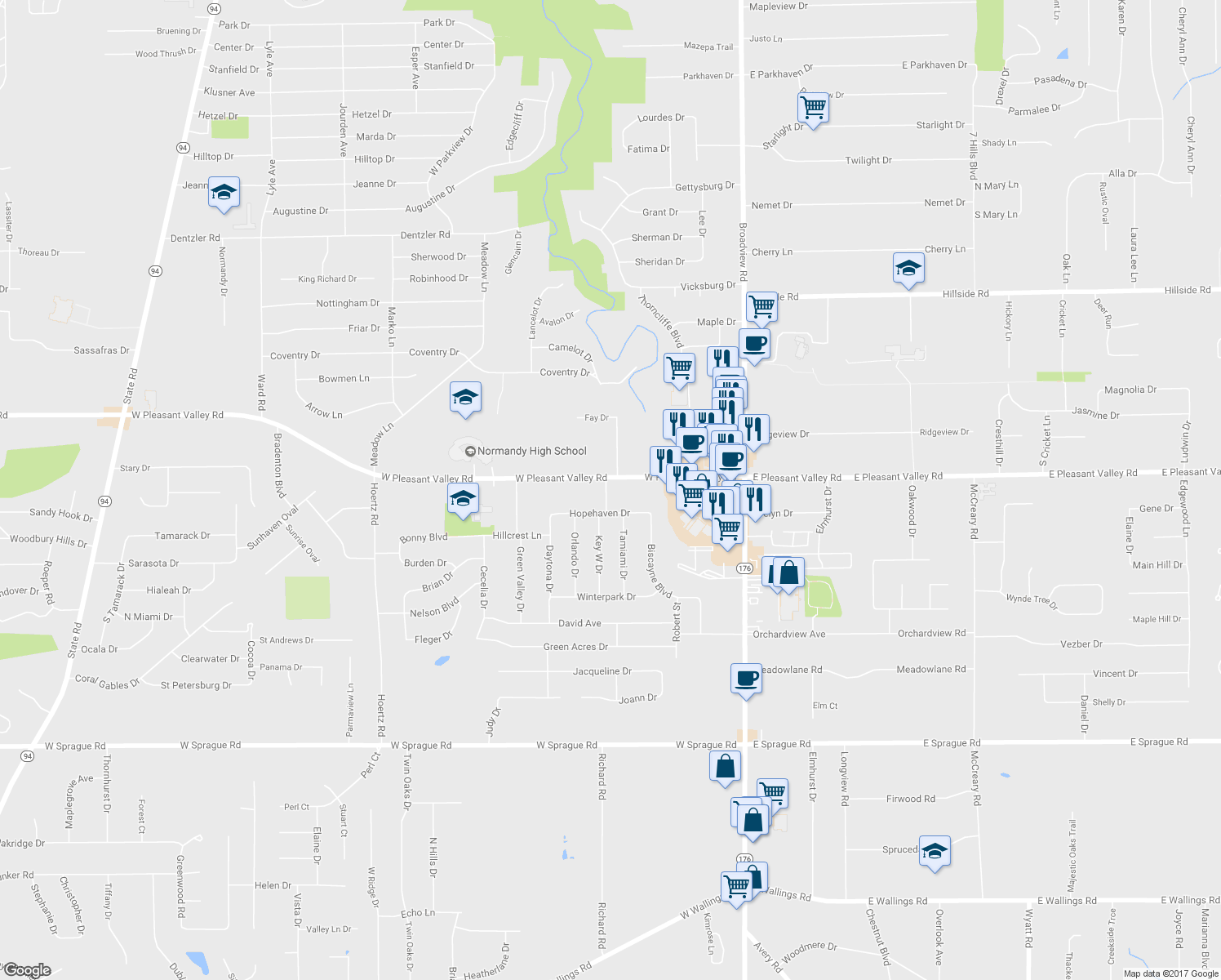 map of restaurants, bars, coffee shops, grocery stores, and more near 1835 West Pleasant Valley Road in Parma