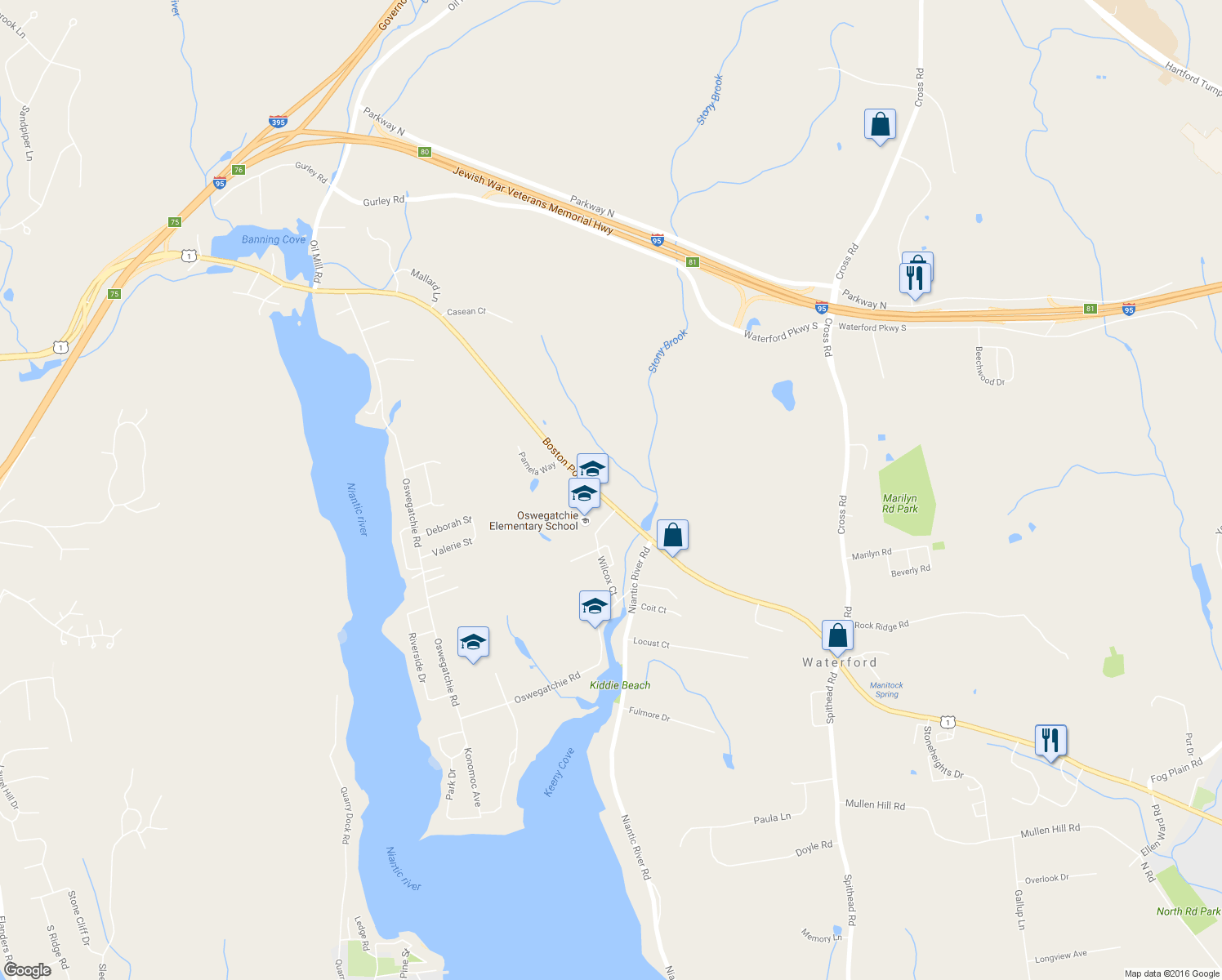 map of restaurants, bars, coffee shops, grocery stores, and more near 473 Boston Post Rd in Waterford