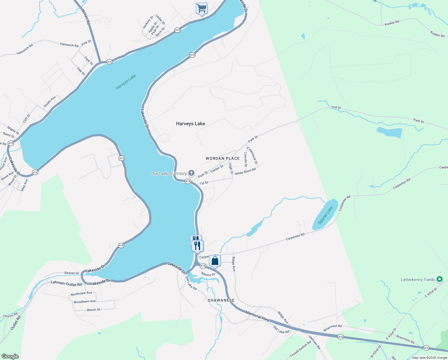 map of restaurants, bars, coffee shops, grocery stores, and more near 387-398 East Avenue in Harveys Lake