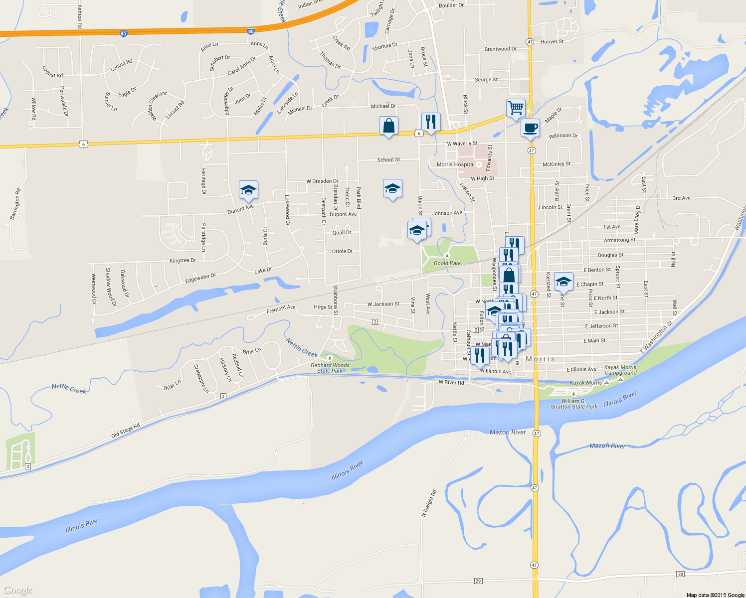 map of restaurants, bars, coffee shops, grocery stores, and more near 822 West Jackson Street in Morris