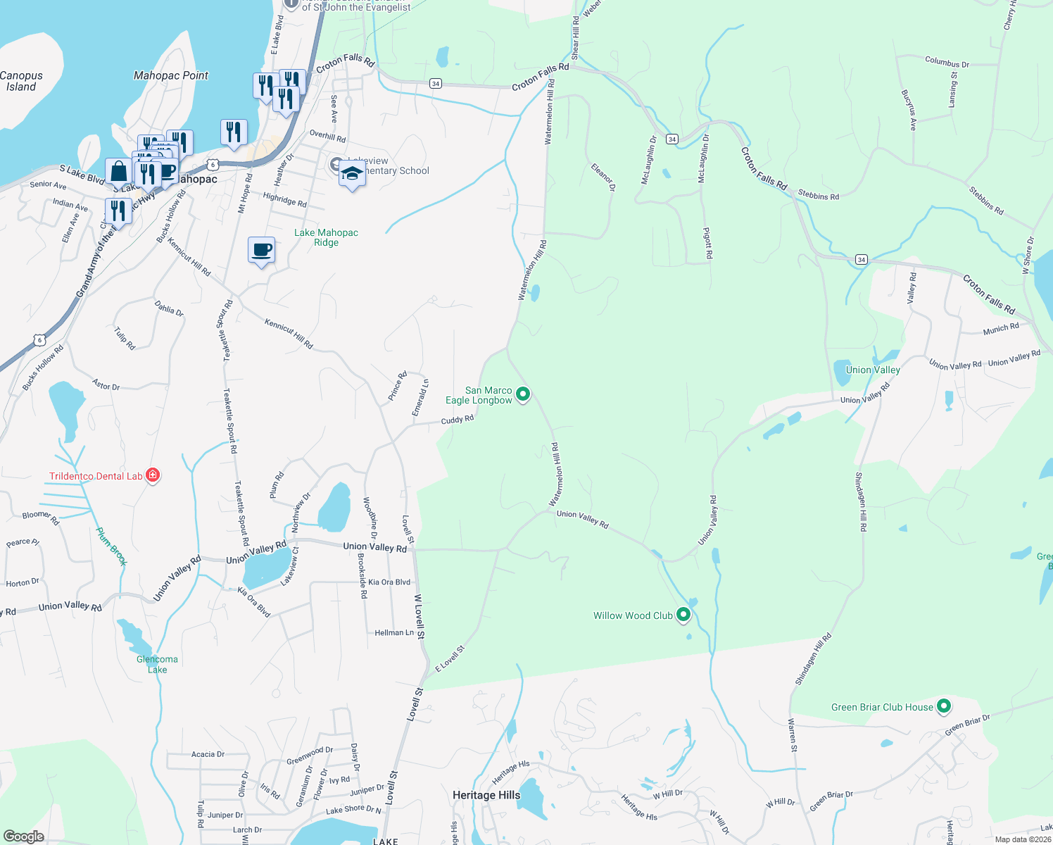 map of restaurants, bars, coffee shops, grocery stores, and more near 63 Watermelon Hill Road in Mahopac