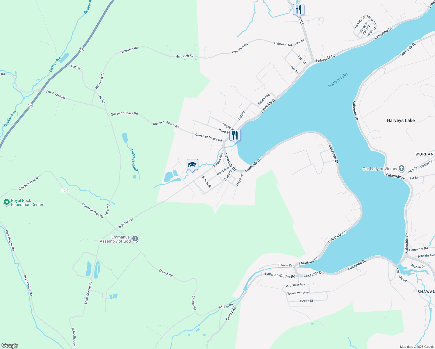 map of restaurants, bars, coffee shops, grocery stores, and more near 306 Rood Ave in Harveys Lake