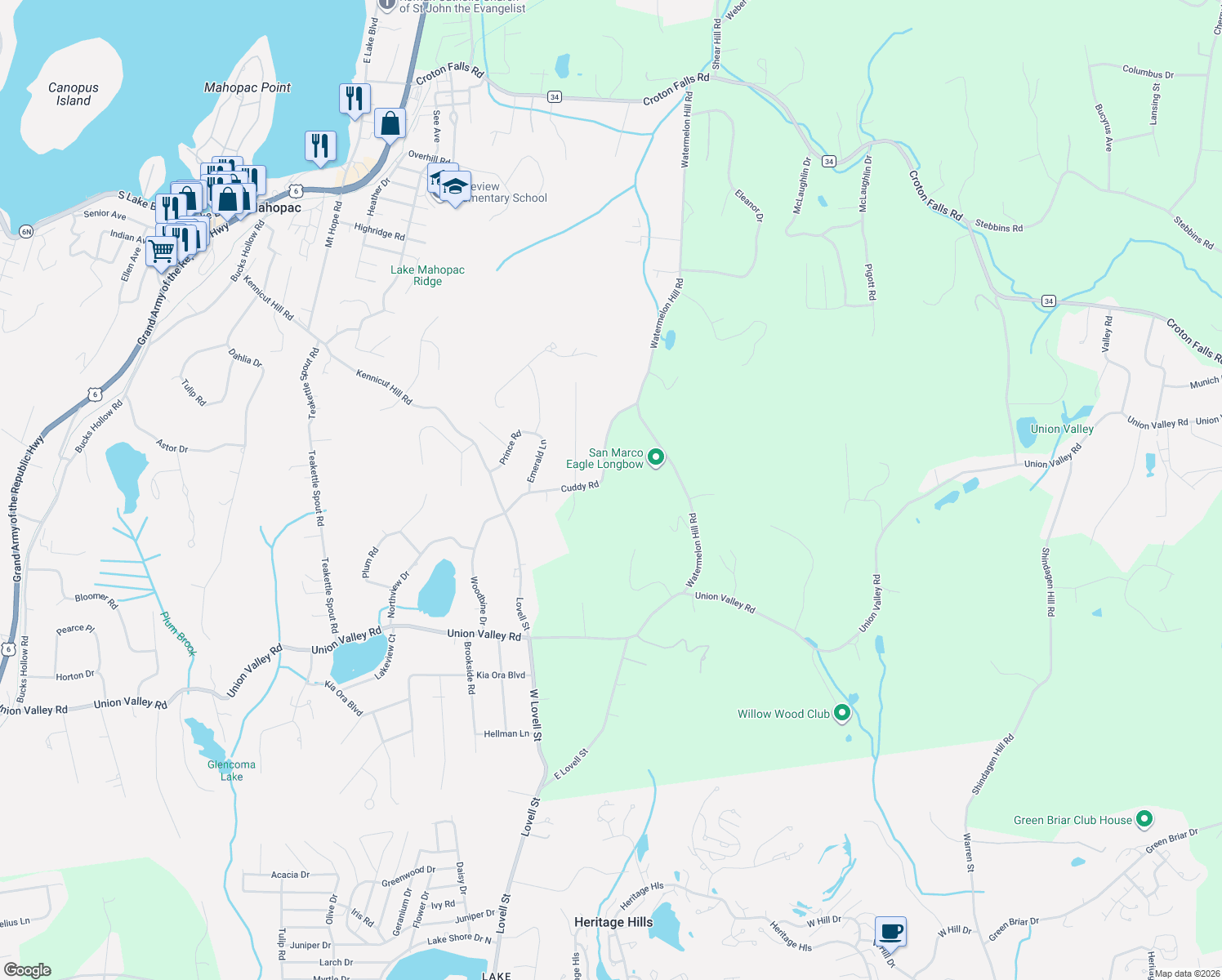 map of restaurants, bars, coffee shops, grocery stores, and more near 59 Cuddy Road in Mahopac
