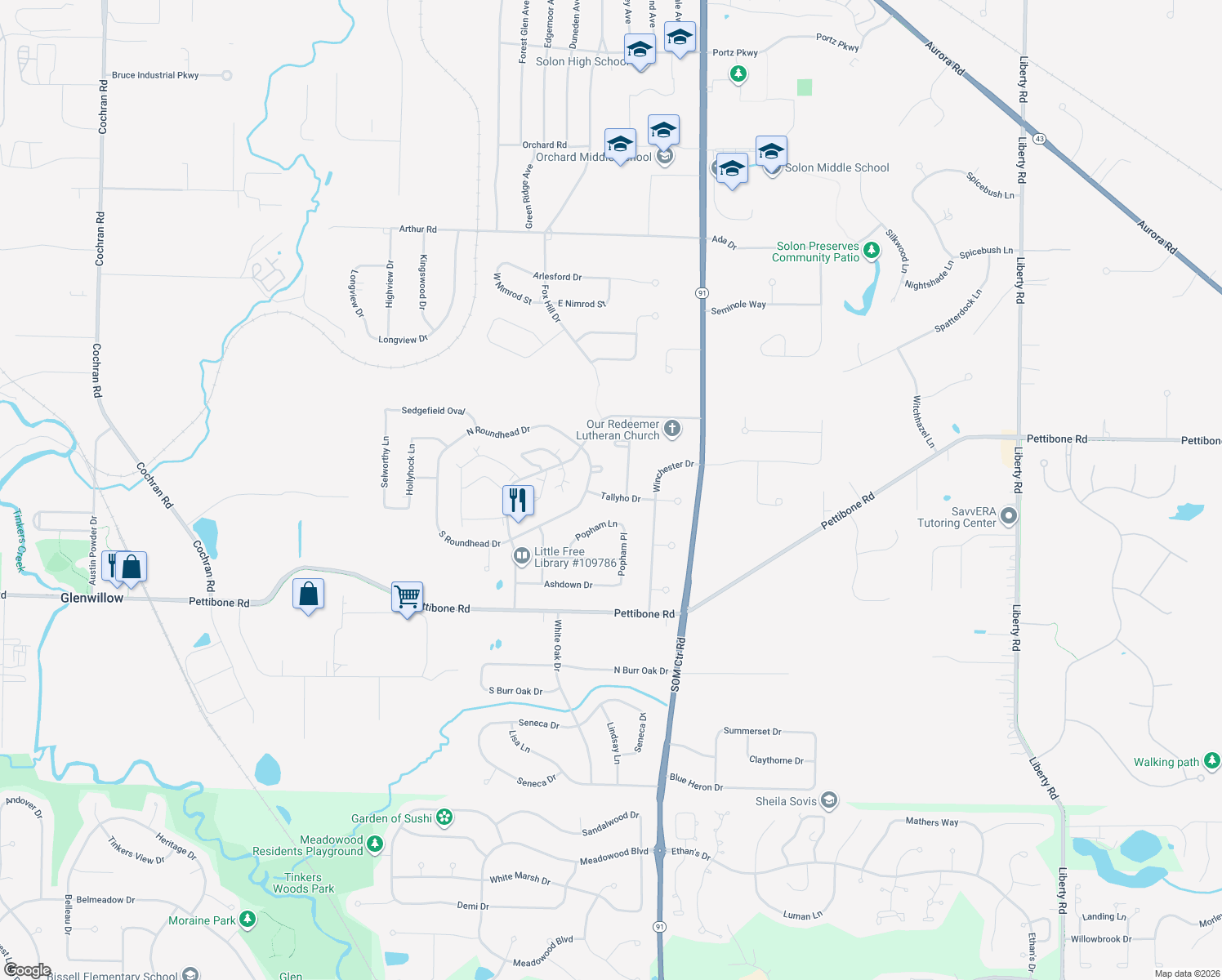 map of restaurants, bars, coffee shops, grocery stores, and more near 33171 Tallyho Dr in Solon