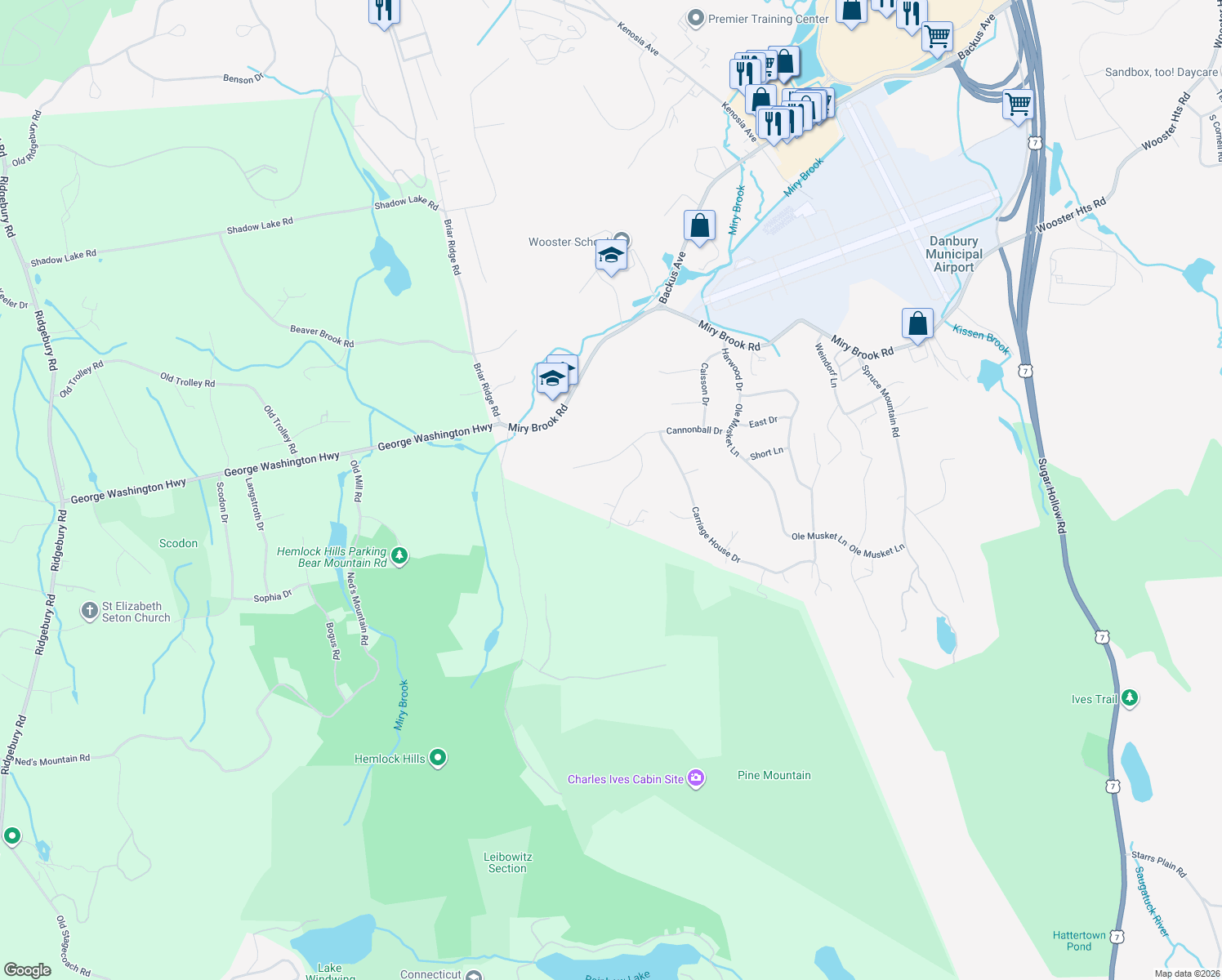 map of restaurants, bars, coffee shops, grocery stores, and more near 11 Marc Road in Danbury