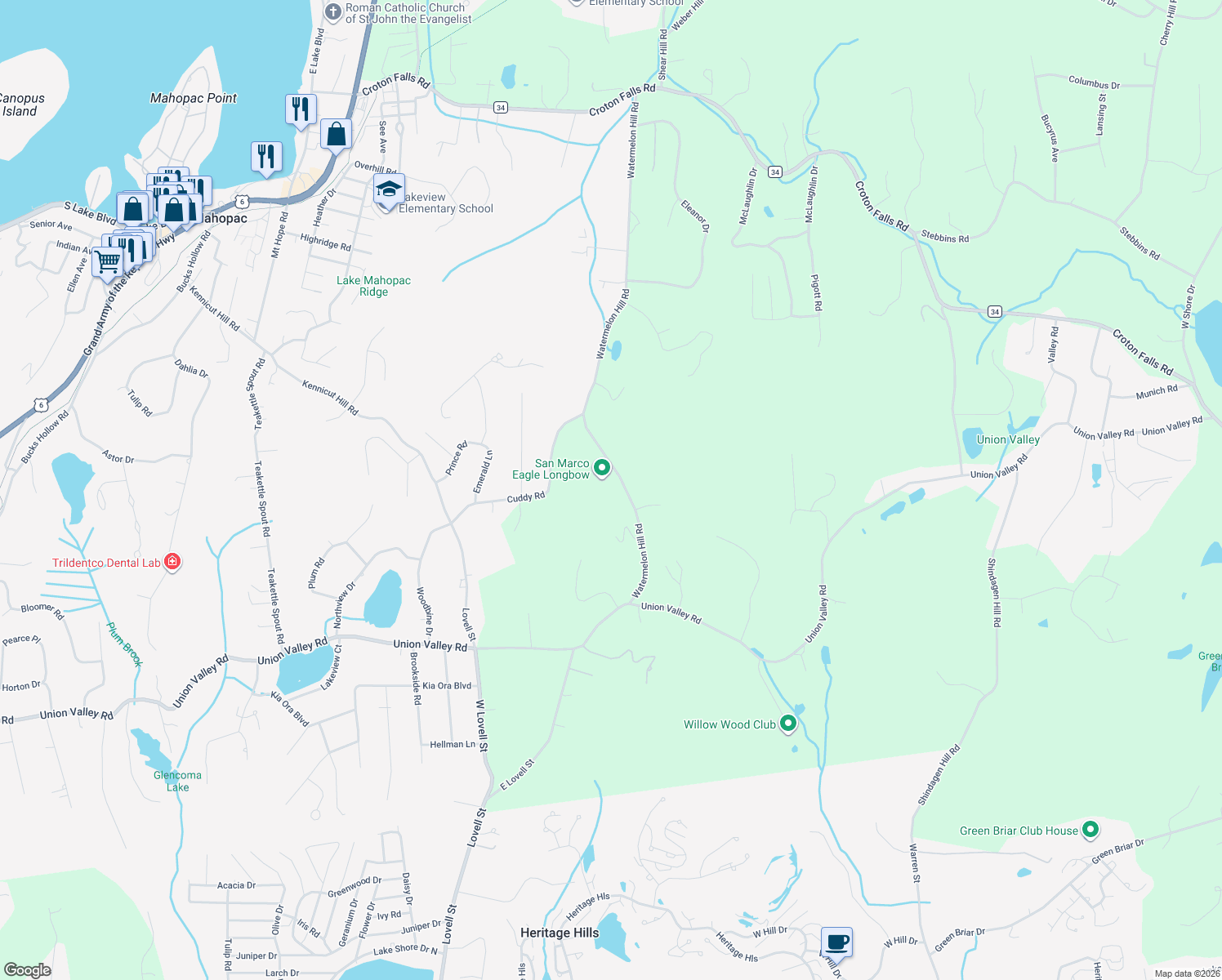 map of restaurants, bars, coffee shops, grocery stores, and more near 63 Watermelon Hill Road in Mahopac