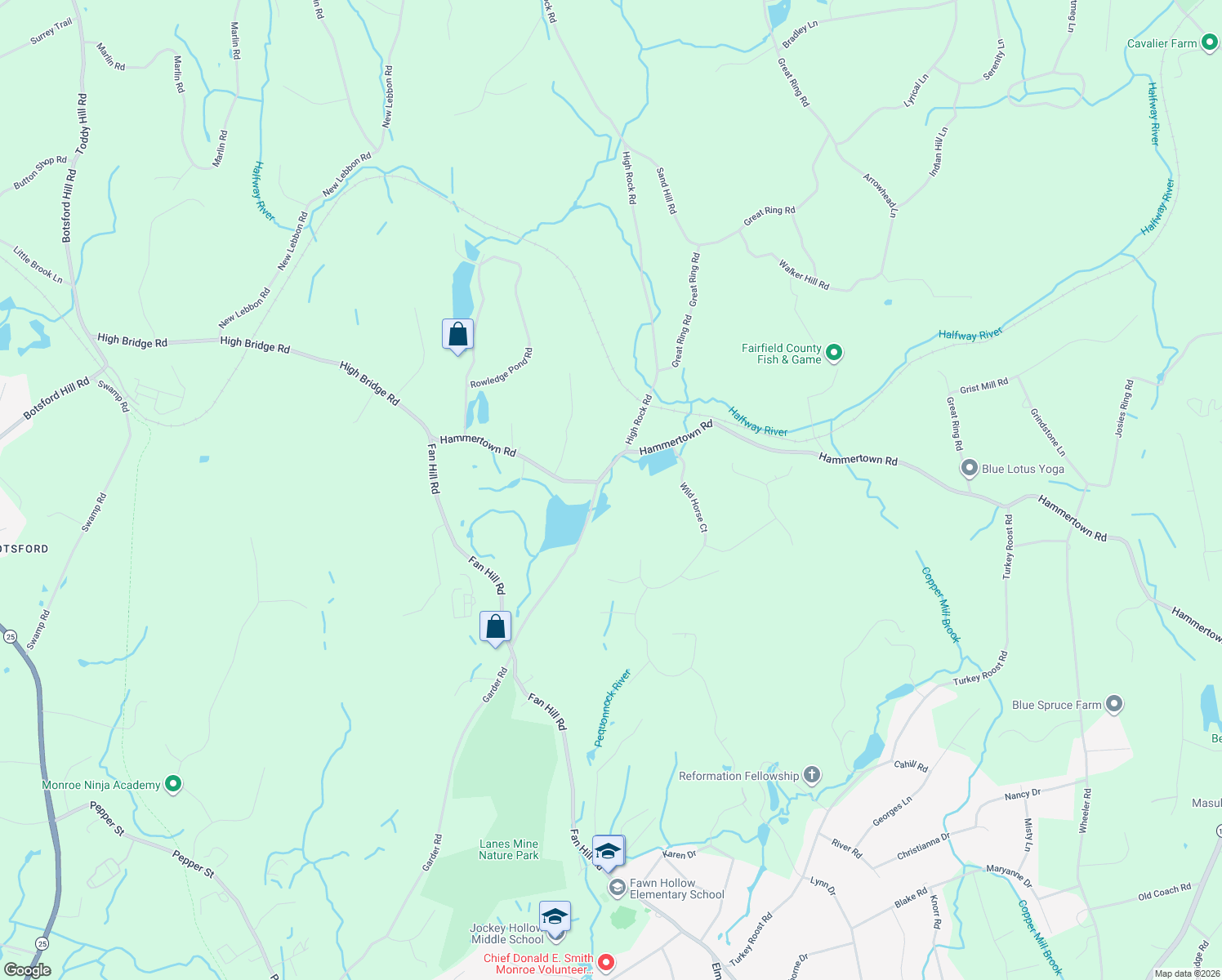 map of restaurants, bars, coffee shops, grocery stores, and more near 427 Hammertown Road in Monroe