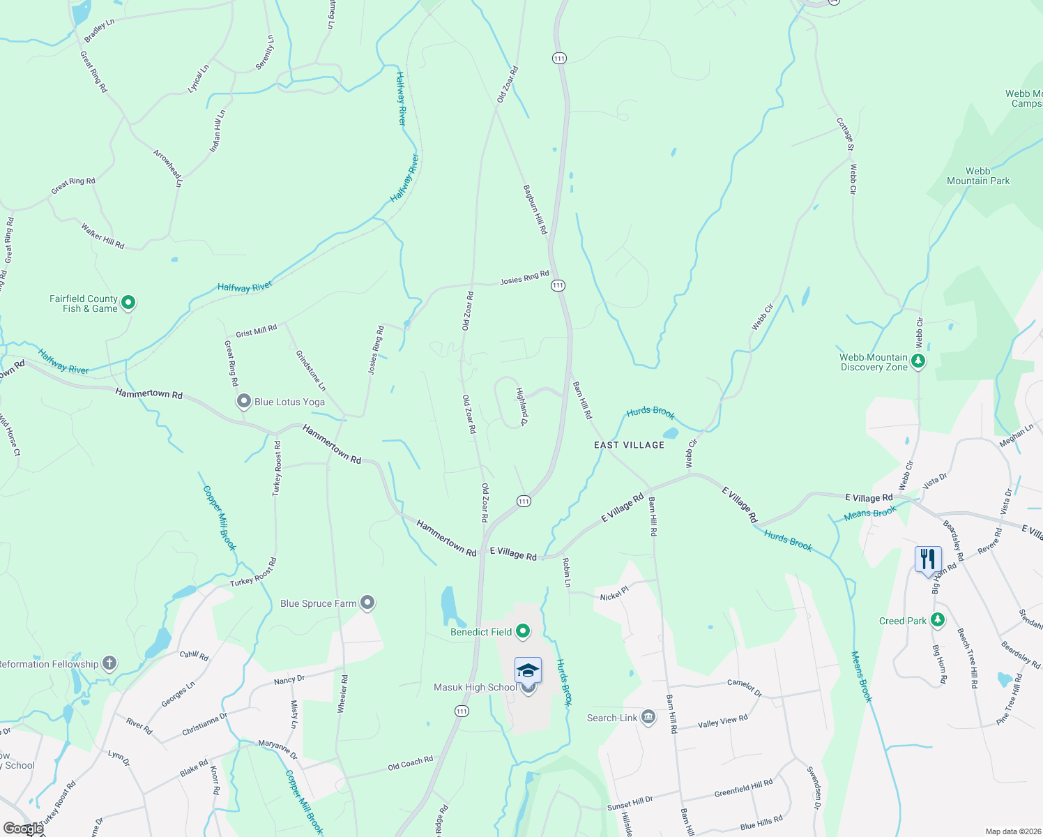 map of restaurants, bars, coffee shops, grocery stores, and more near 107-199 Highland Drive in Monroe