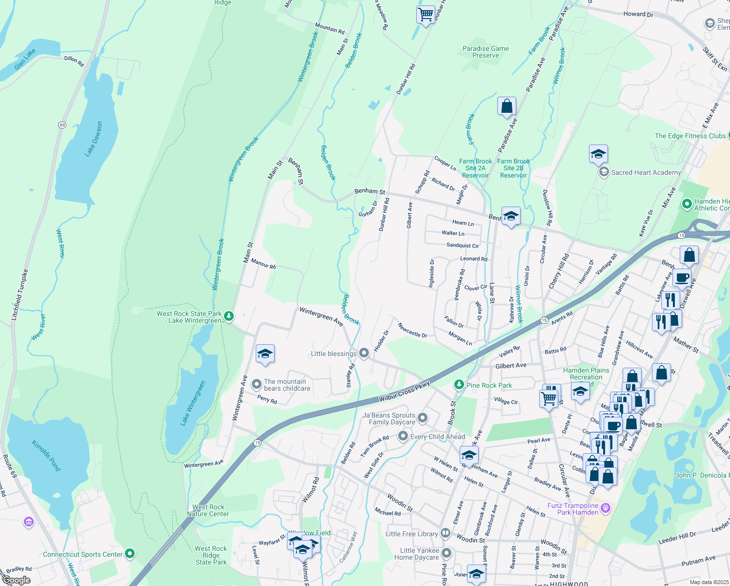 map of restaurants, bars, coffee shops, grocery stores, and more near 96 Dunbar Lane in Hamden