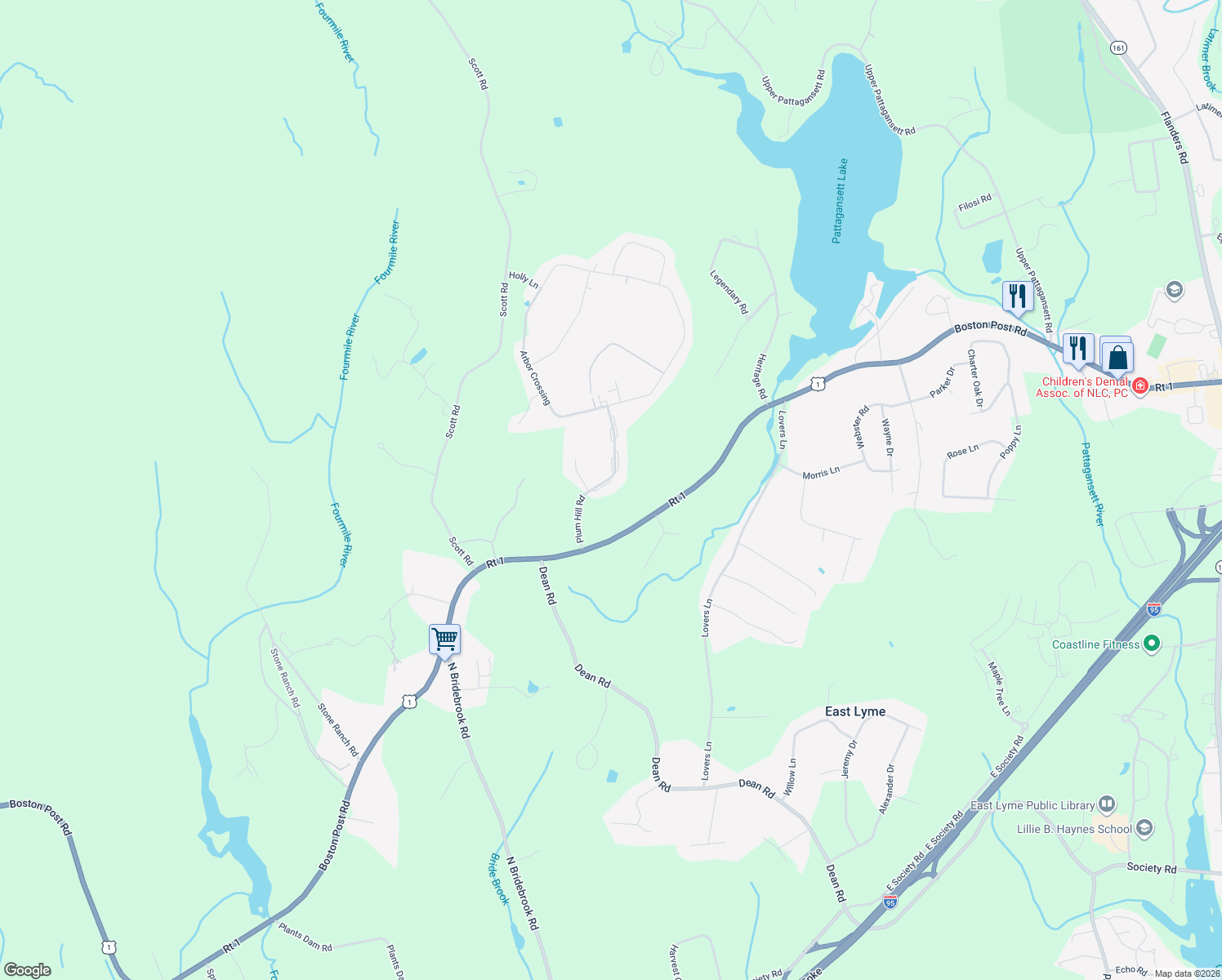 map of restaurants, bars, coffee shops, grocery stores, and more near 17 Plum Hill in East Lyme
