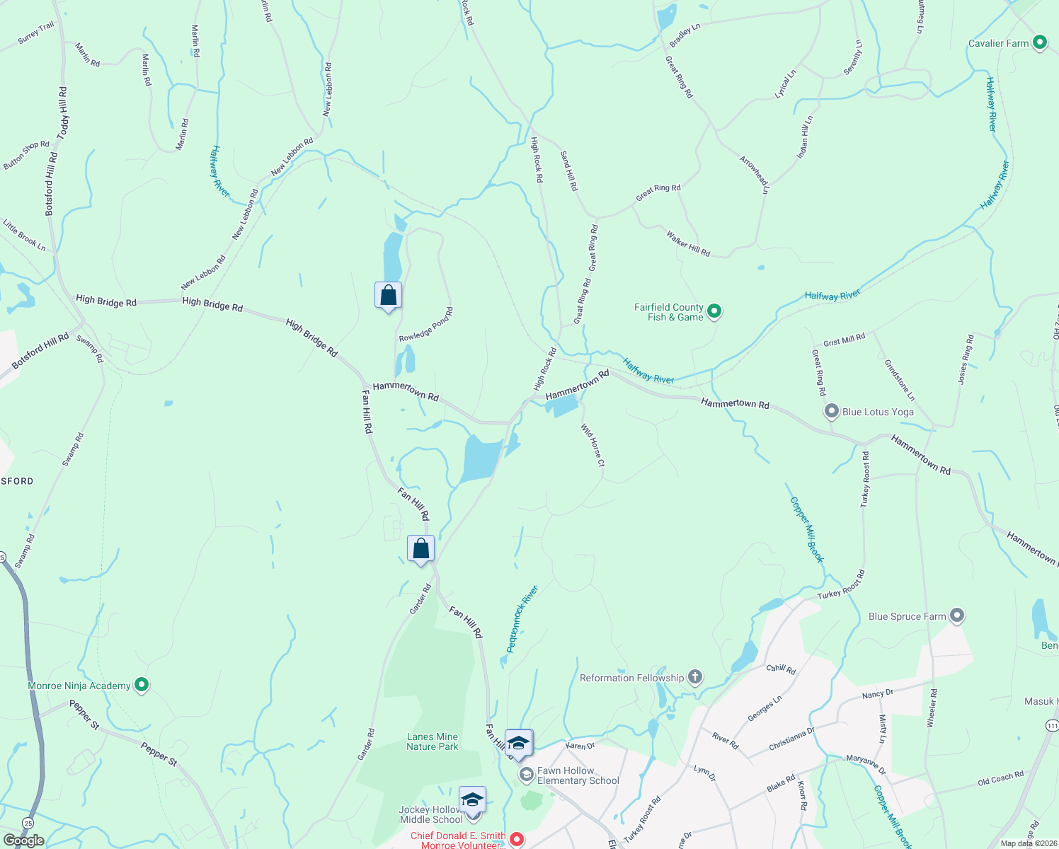 map of restaurants, bars, coffee shops, grocery stores, and more near 427 Hammertown Road in Monroe