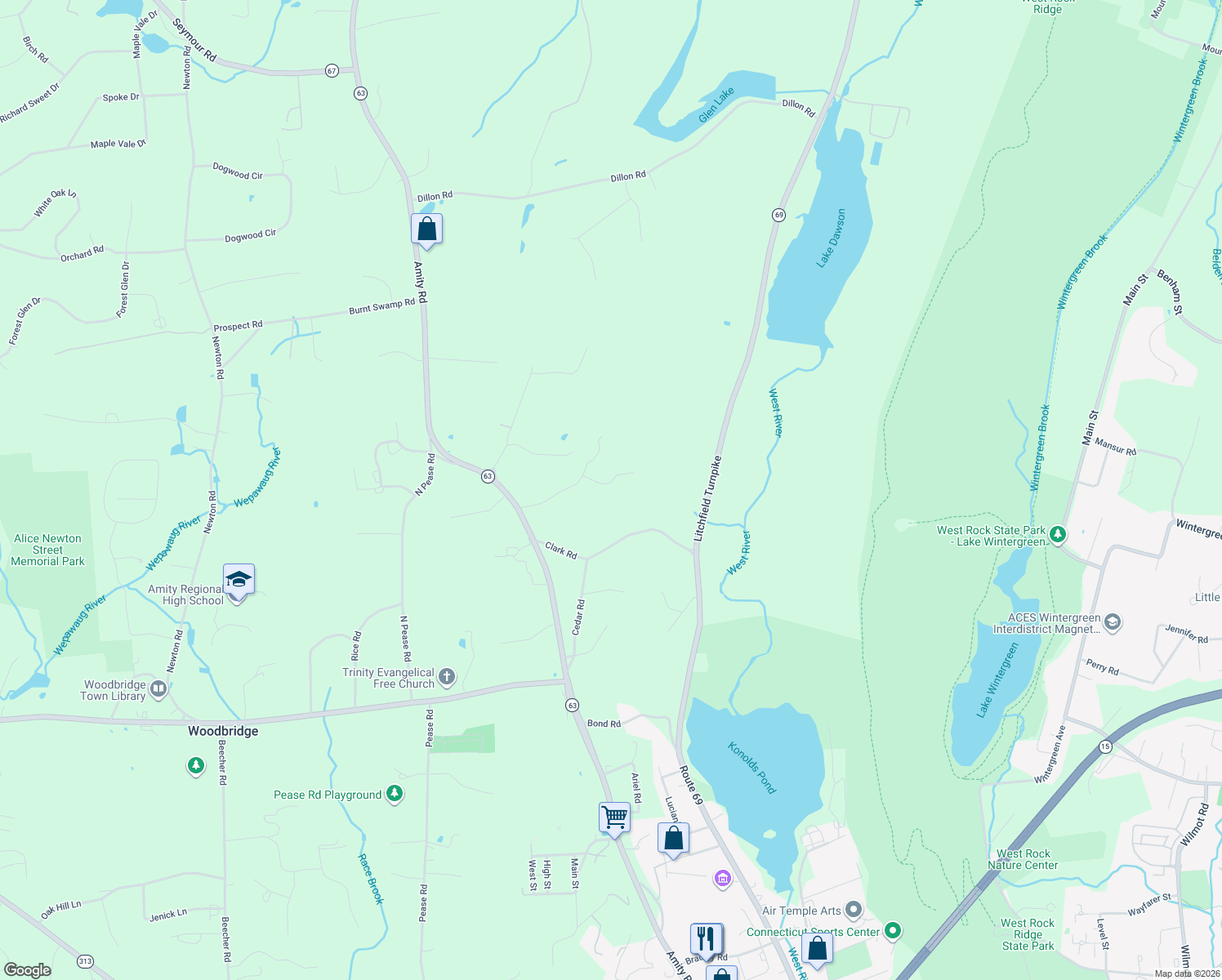 map of restaurants, bars, coffee shops, grocery stores, and more near 24 Cow Path Lane in Woodbridge