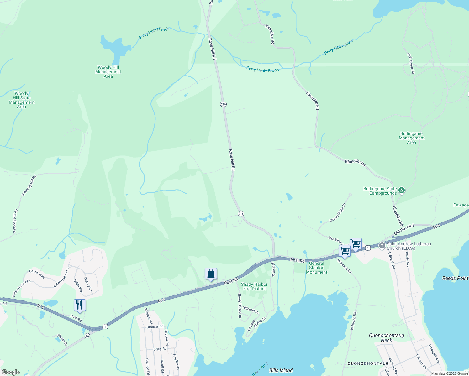 map of restaurants, bars, coffee shops, grocery stores, and more near 129 Ross Hill Road in Charlestown