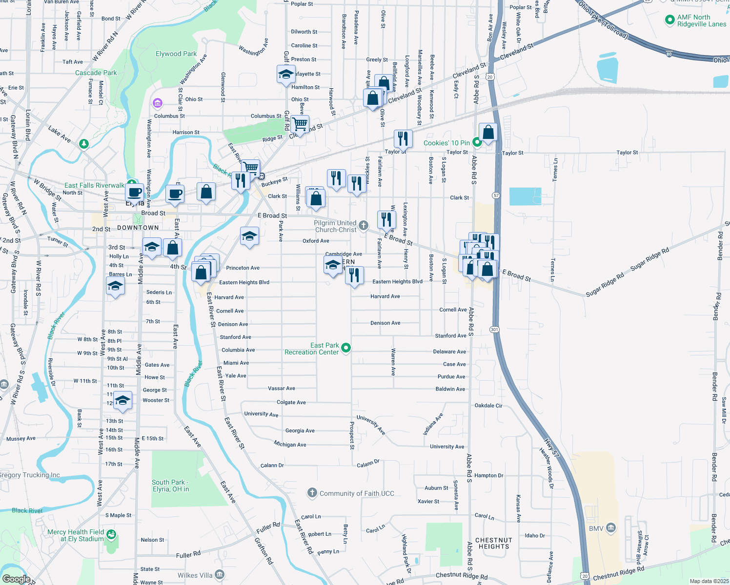 map of restaurants, bars, coffee shops, grocery stores, and more near 524 Harvard Ave in Elyria