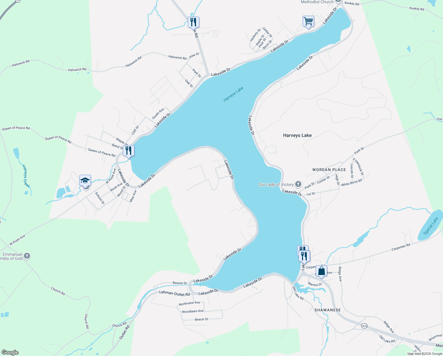 map of restaurants, bars, coffee shops, grocery stores, and more near Harvey Road in Harveys Lake