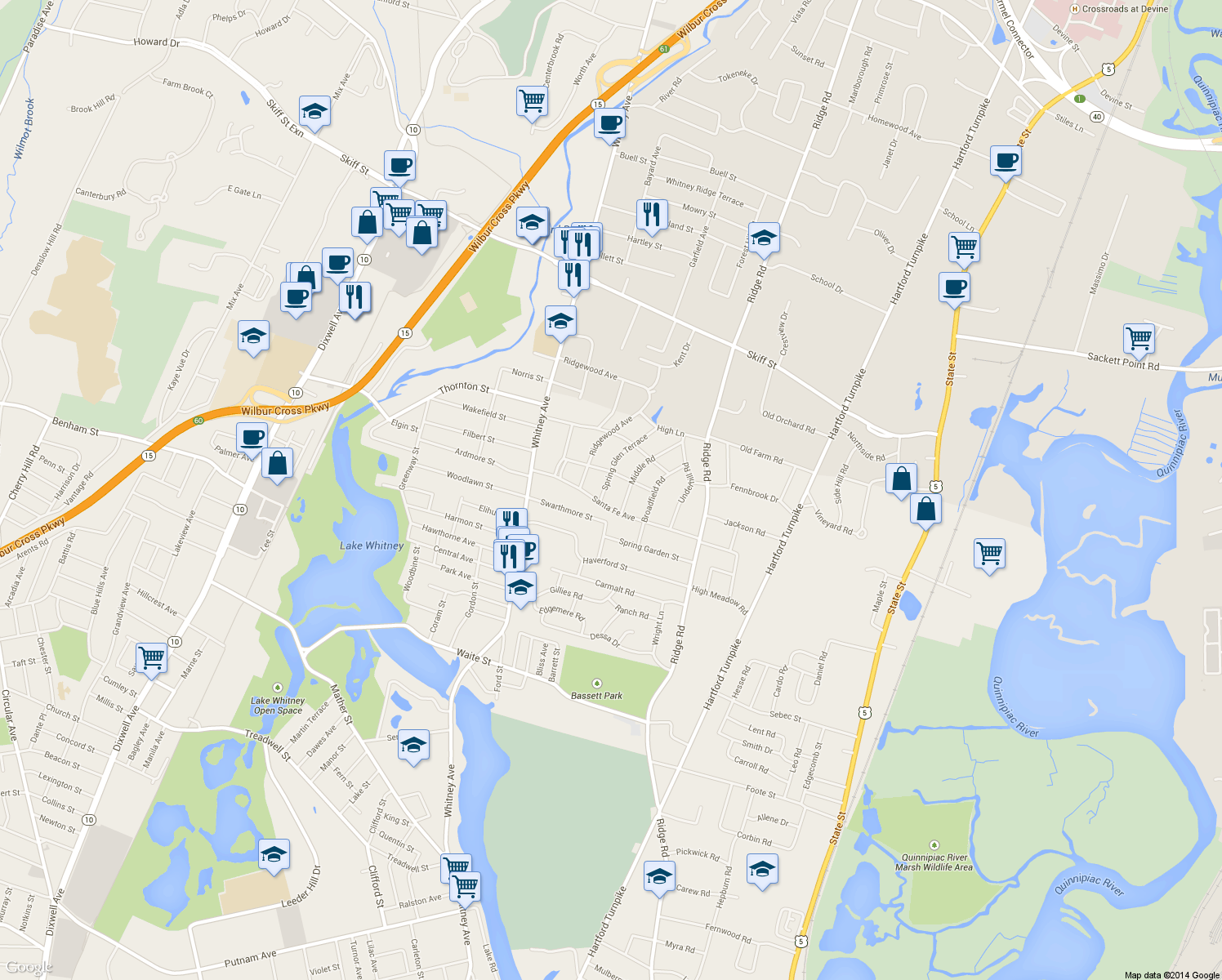 map of restaurants, bars, coffee shops, grocery stores, and more near 19 Spring Glen Terrace in Hamden