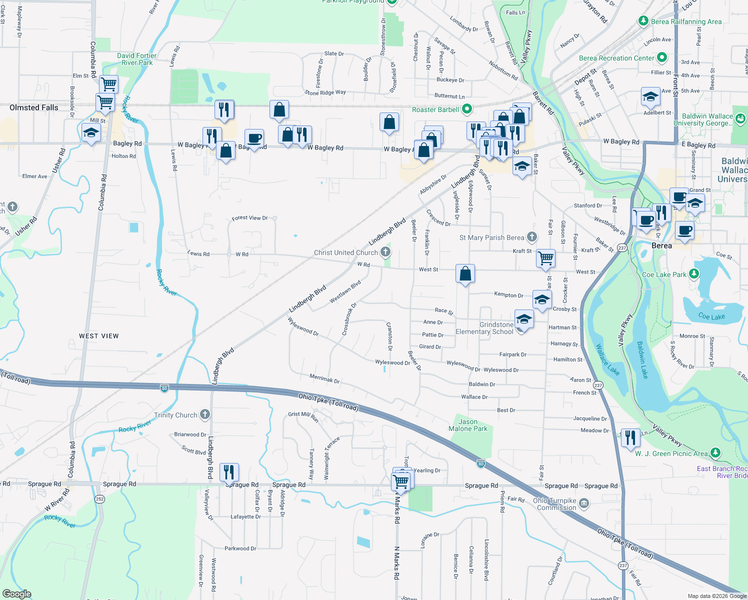 map of restaurants, bars, coffee shops, grocery stores, and more near 534 Race St in Berea