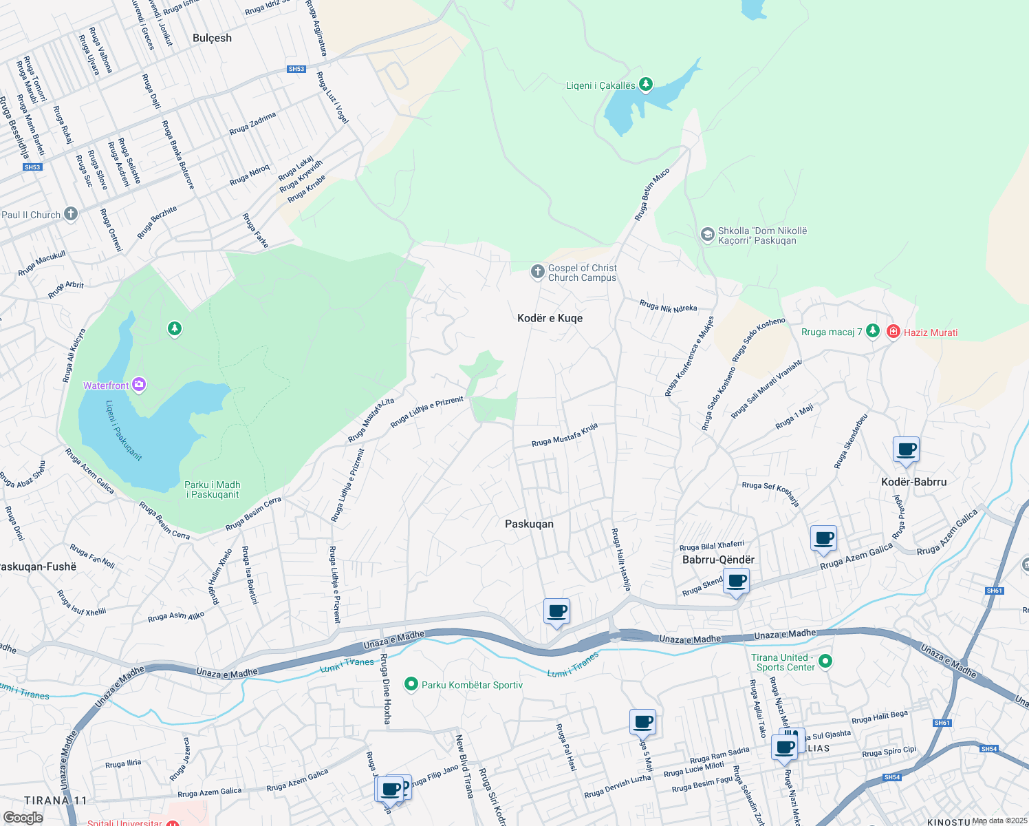 map of restaurants, bars, coffee shops, grocery stores, and more near Rruga Mustafa Matohiti in Tirana