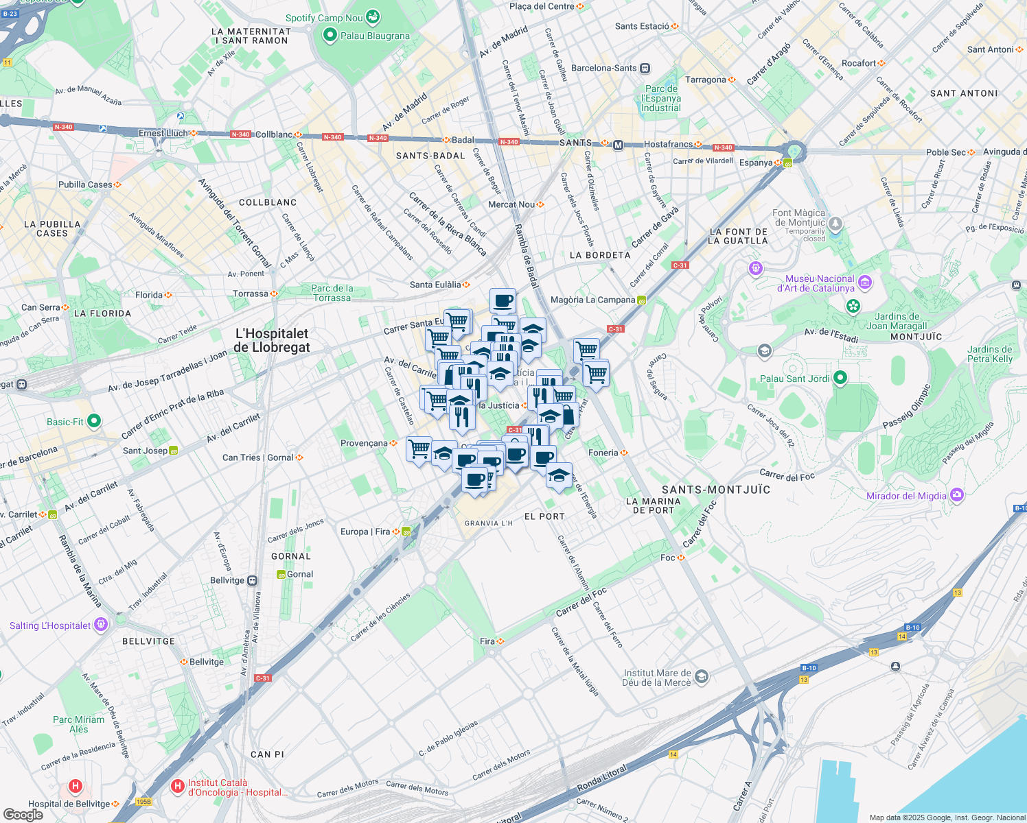 map of restaurants, bars, coffee shops, grocery stores, and more near 8 Avinguda de la Granvia de l’Hospitalet in L'Hospitalet de Llobregat