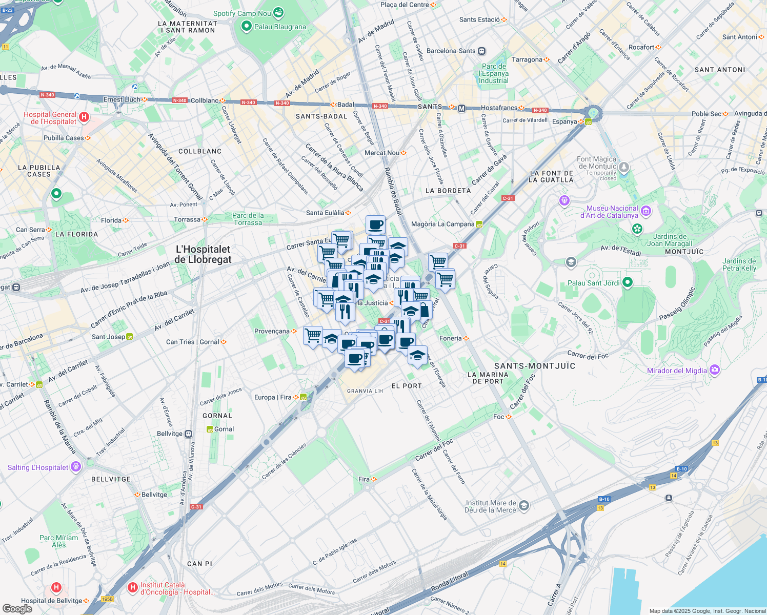 map of restaurants, bars, coffee shops, grocery stores, and more near 8 Avinguda de la Granvia de l’Hospitalet in L'Hospitalet de Llobregat