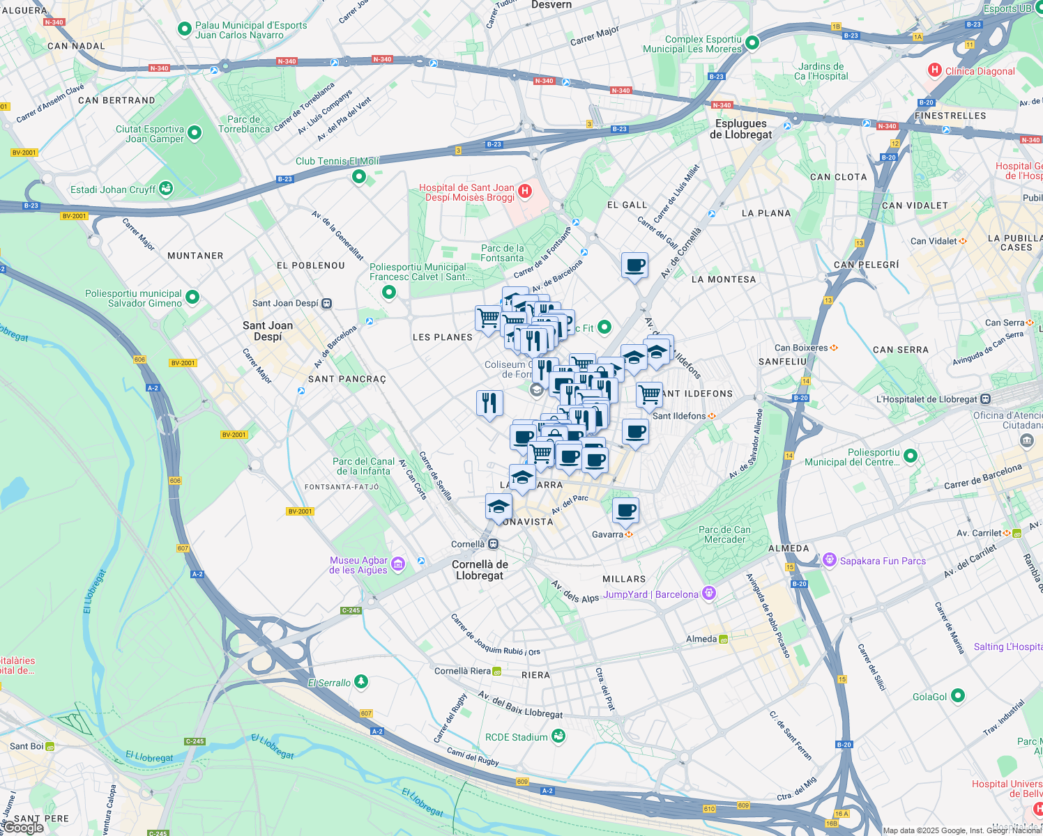 map of restaurants, bars, coffee shops, grocery stores, and more near 6 Plaça de Pau Casals in Cornellà de Llobregat