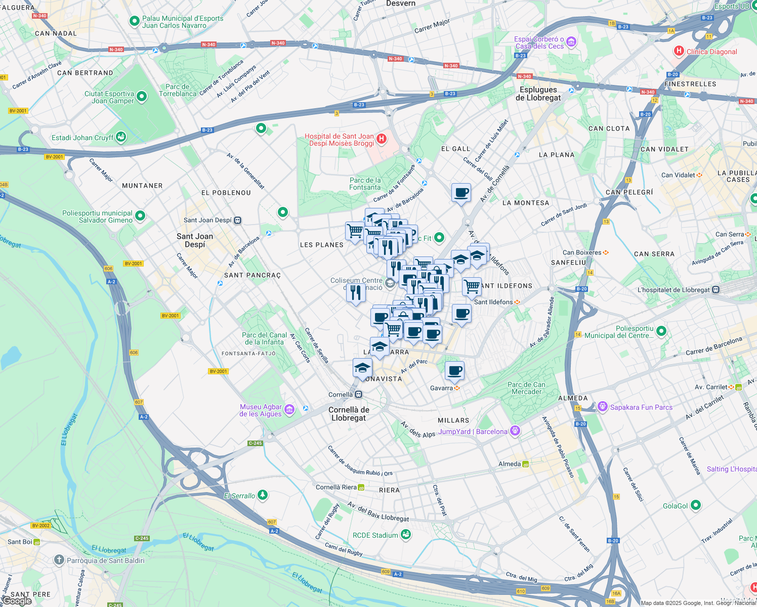 map of restaurants, bars, coffee shops, grocery stores, and more near 6 Plaça de Pau Casals in Cornellà de Llobregat
