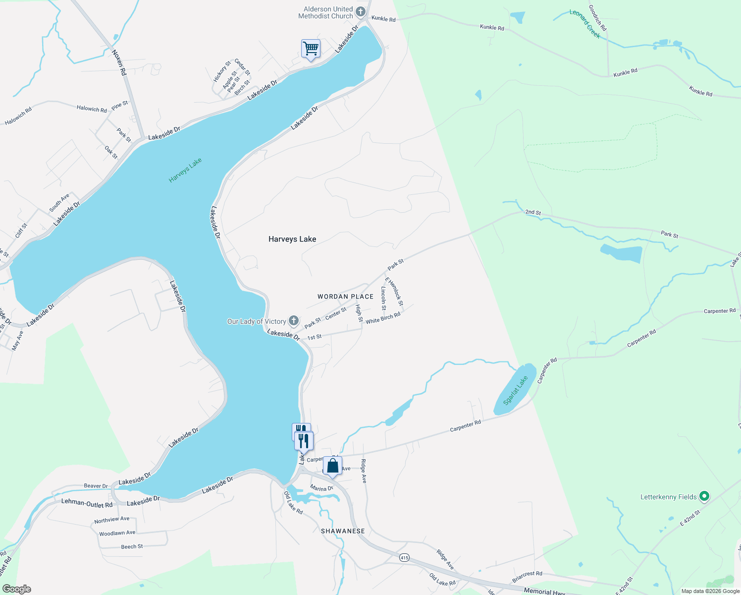 map of restaurants, bars, coffee shops, grocery stores, and more near L-1 Hemlock Gardens in Harveys Lake