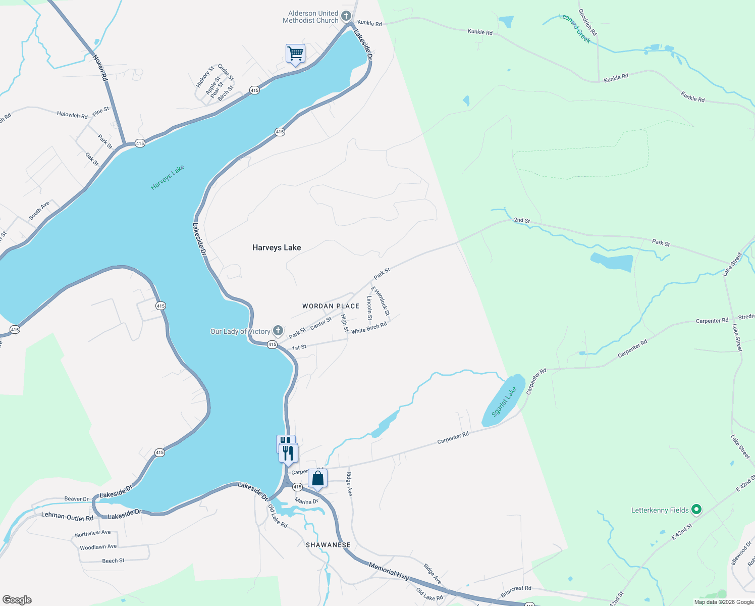 map of restaurants, bars, coffee shops, grocery stores, and more near 37 E Hemlock Dr in Harveys Lake