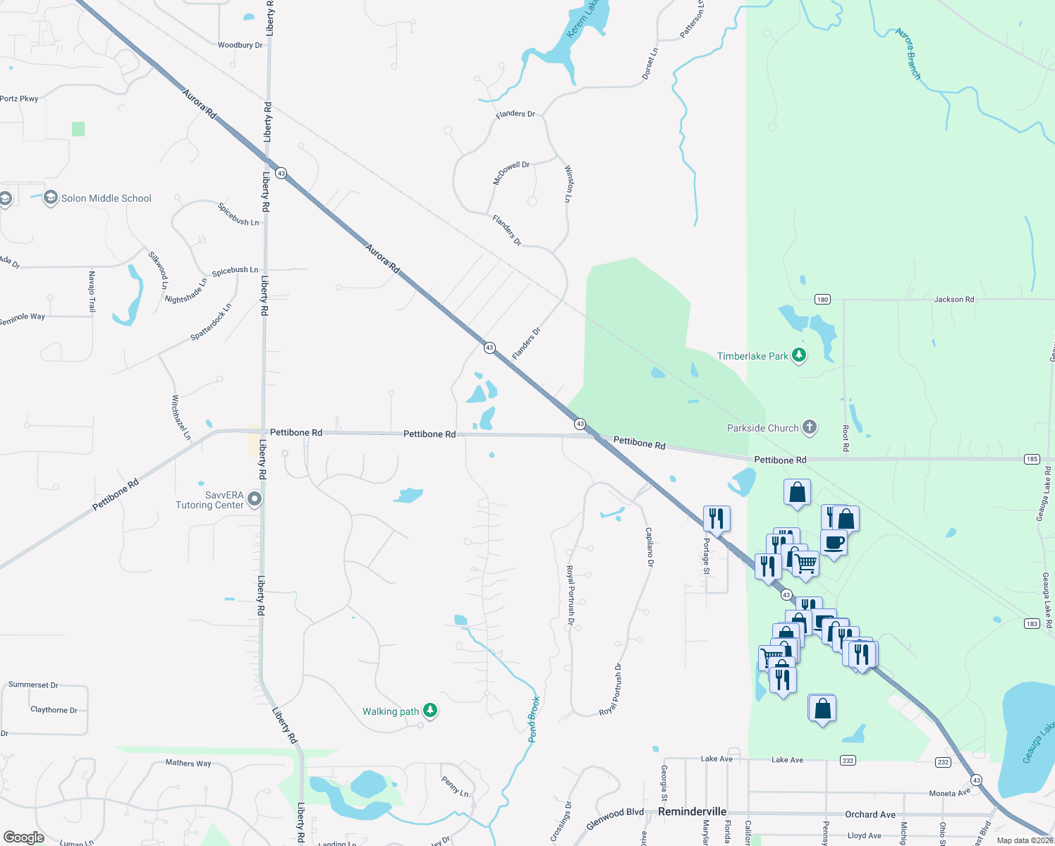 map of restaurants, bars, coffee shops, grocery stores, and more near 38355 Pettibone Road in Solon