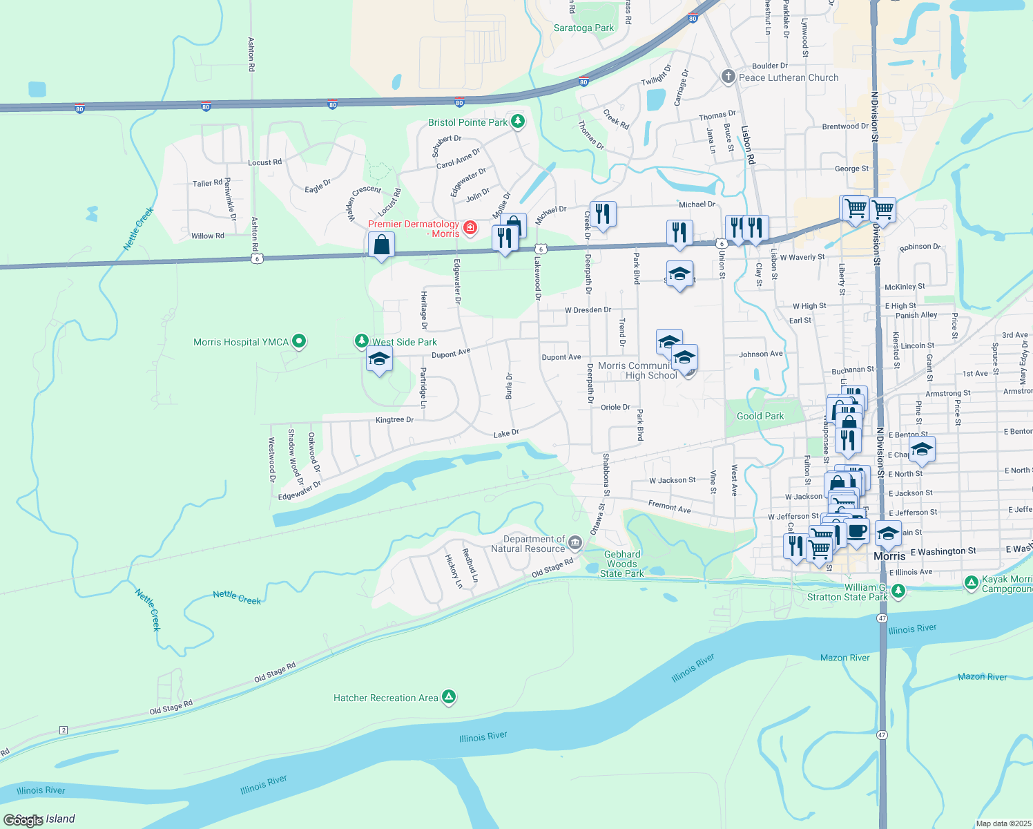 map of restaurants, bars, coffee shops, grocery stores, and more near 1455 Khater Ct in Morris