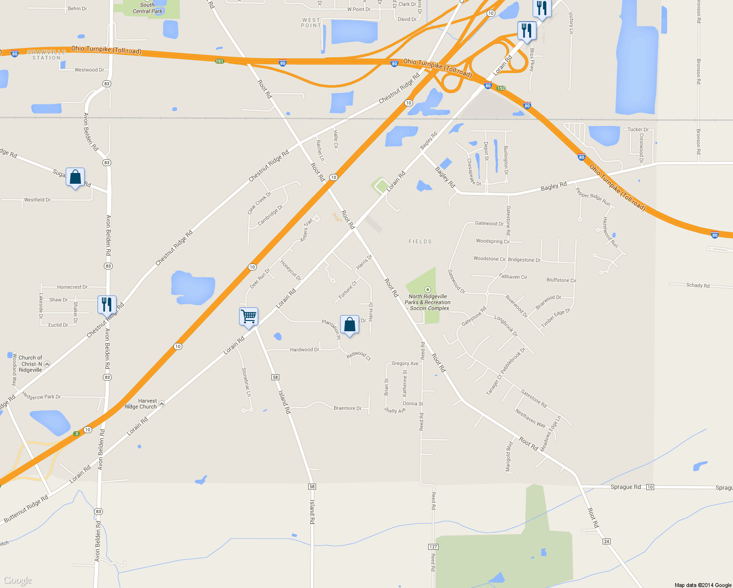 map of restaurants, bars, coffee shops, grocery stores, and more near 8708 Harris Dr in North Ridgeville