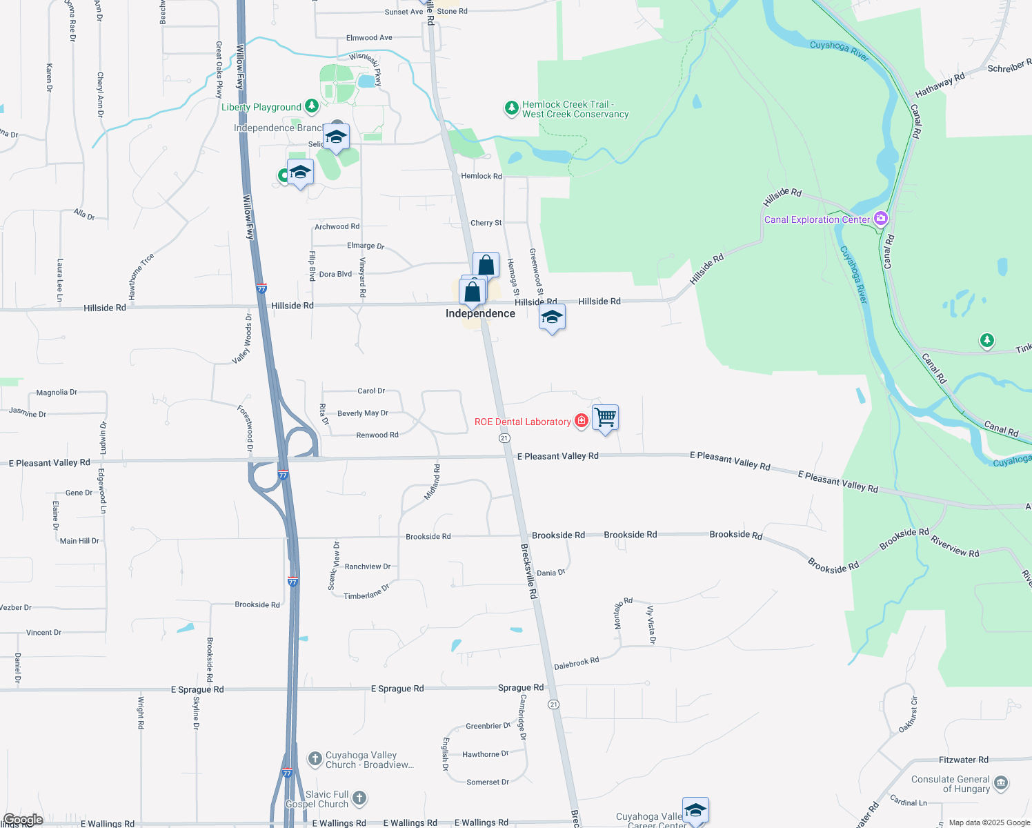 map of restaurants, bars, coffee shops, grocery stores, and more near 7287 Brecksville Road in Independence