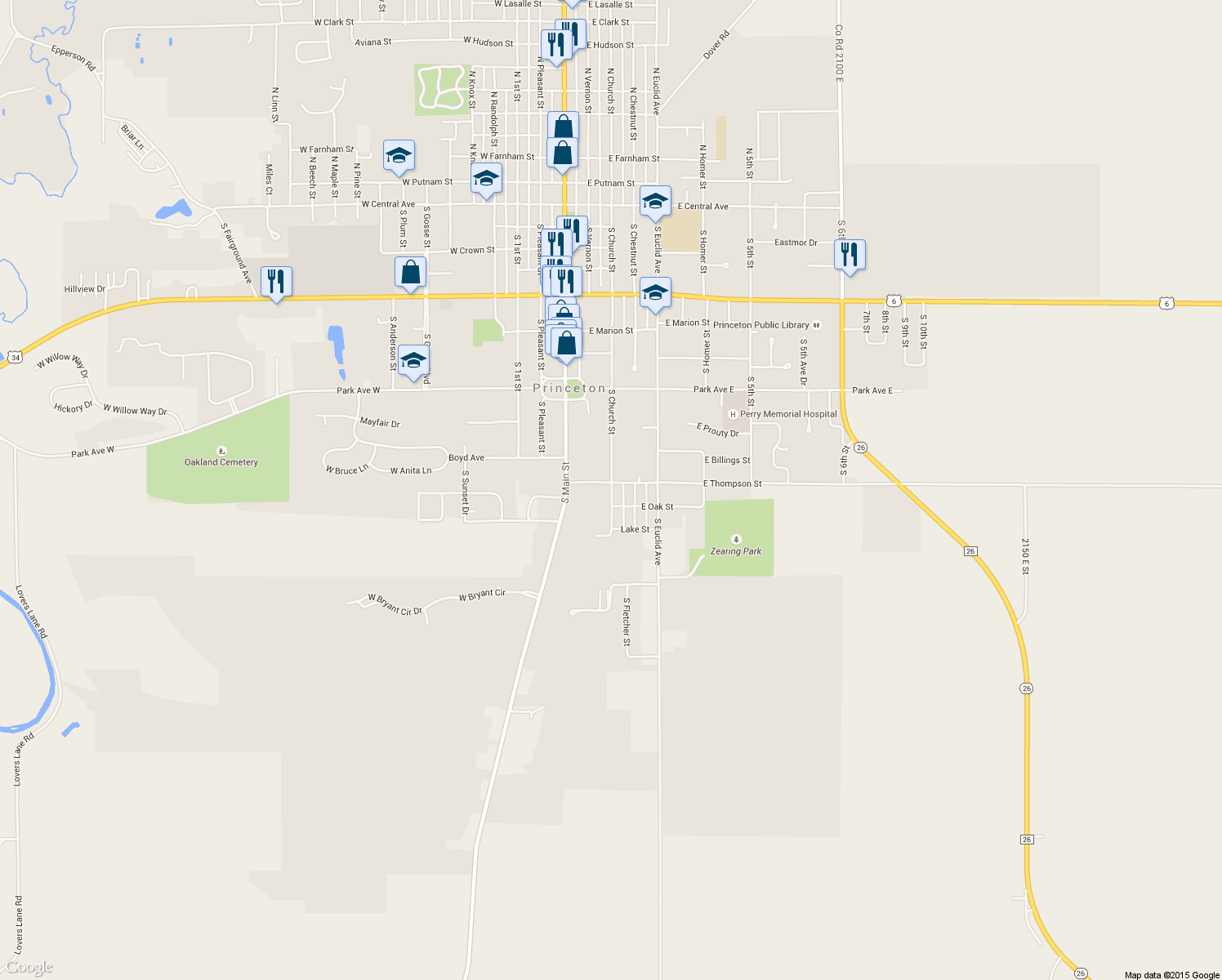 map of restaurants, bars, coffee shops, grocery stores, and more near 1110 South Church Street in Princeton