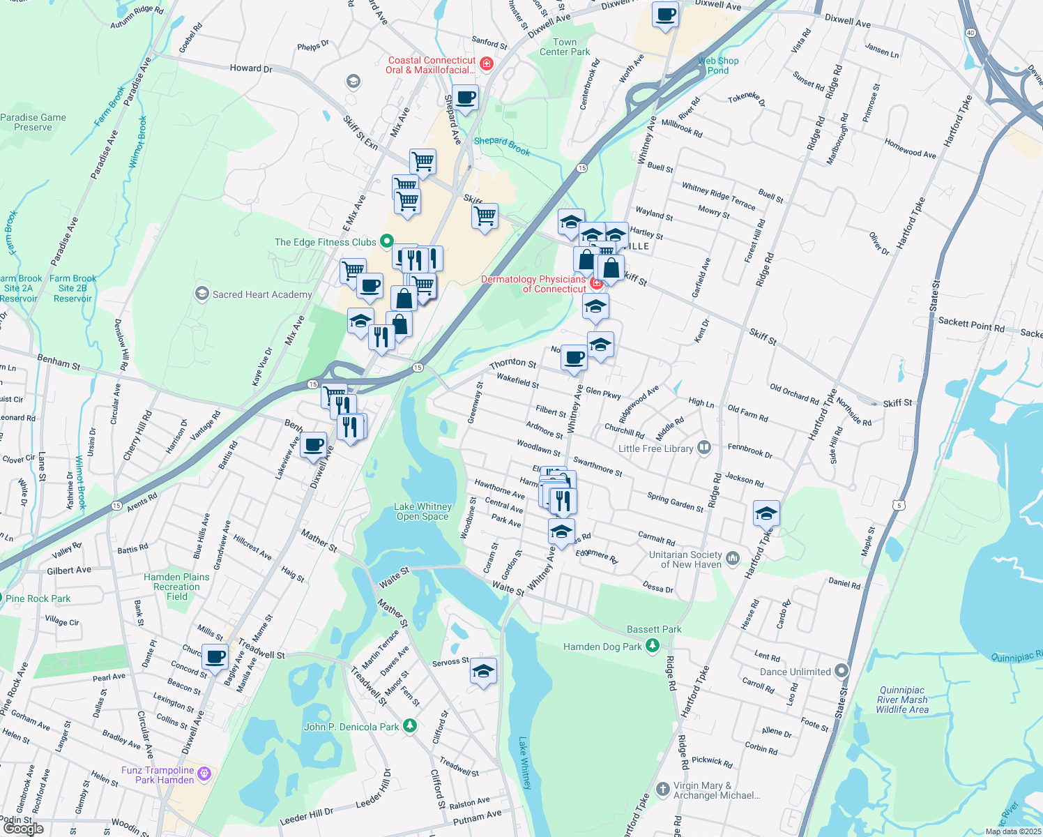 map of restaurants, bars, coffee shops, grocery stores, and more near 85 Ardmore Street in Hamden