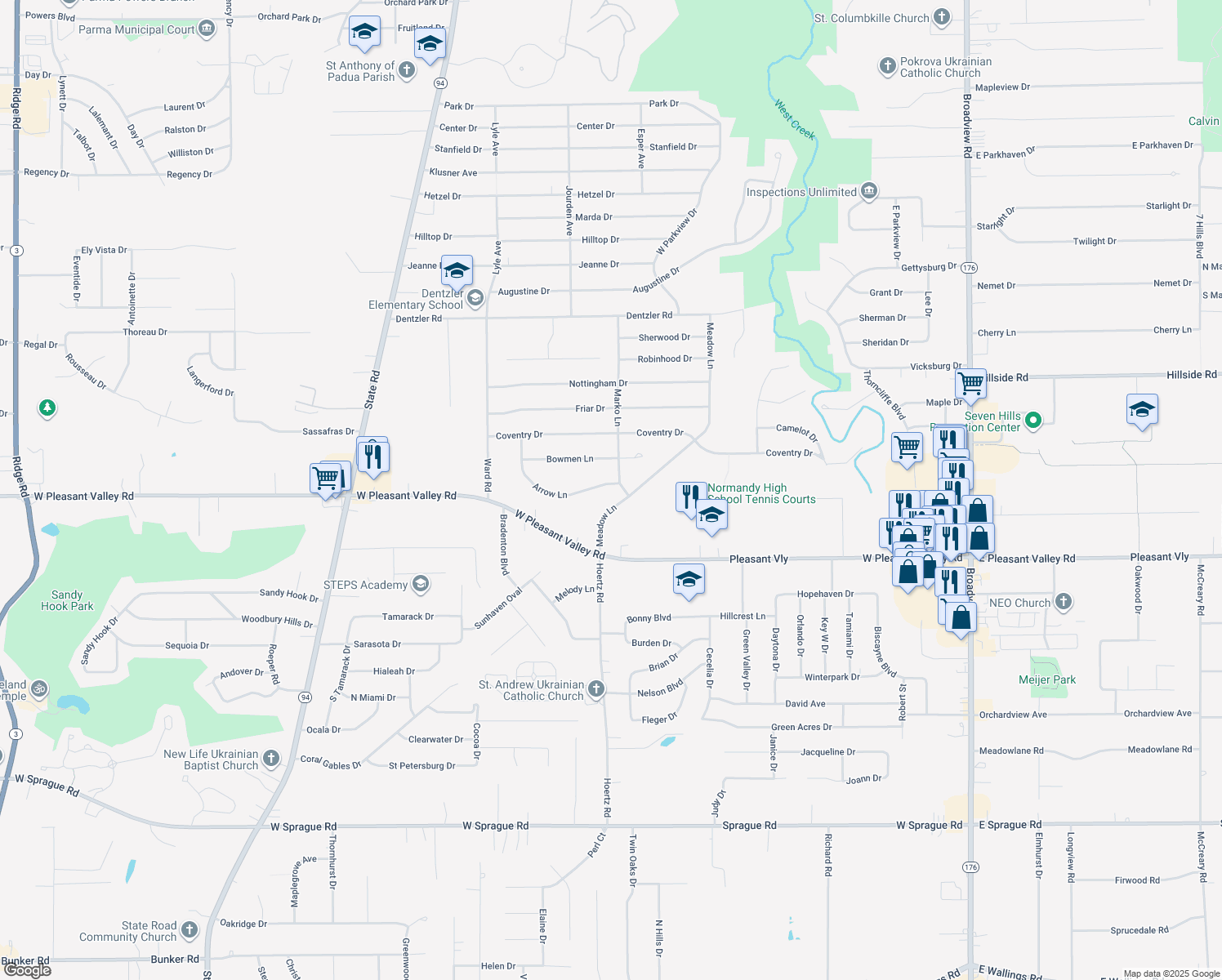 map of restaurants, bars, coffee shops, grocery stores, and more near 2903 Arrow Ln in Parma