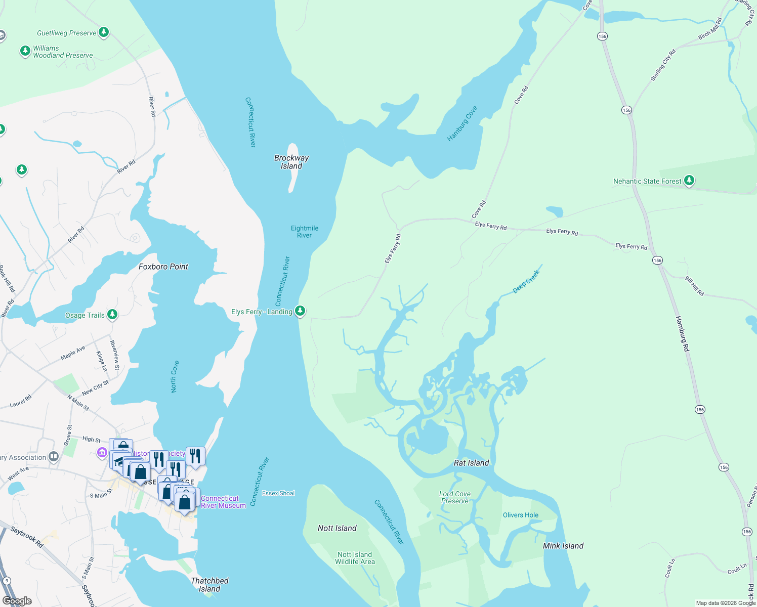 map of restaurants, bars, coffee shops, grocery stores, and more near 158 Elys Ferry Road in Lyme