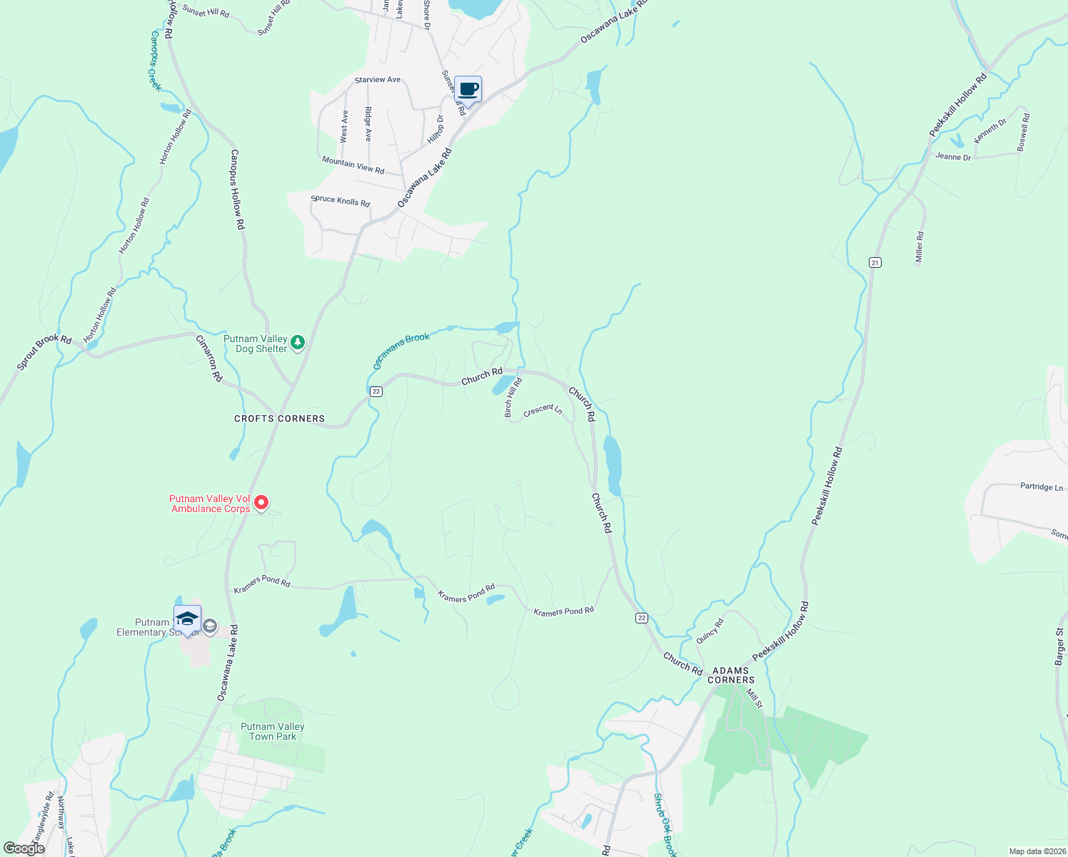 map of restaurants, bars, coffee shops, grocery stores, and more near 23 Crescent Lane in Putnam Valley