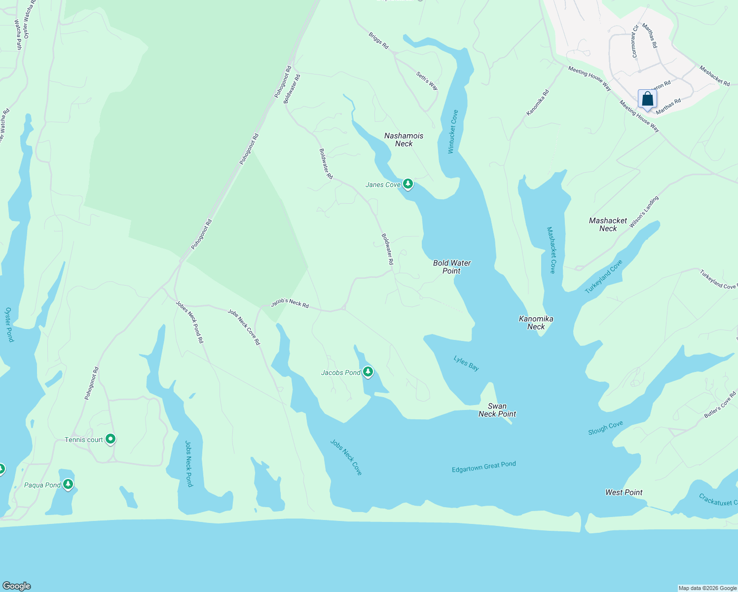 map of restaurants, bars, coffee shops, grocery stores, and more near 3 Jacob's Neck Road in Edgartown