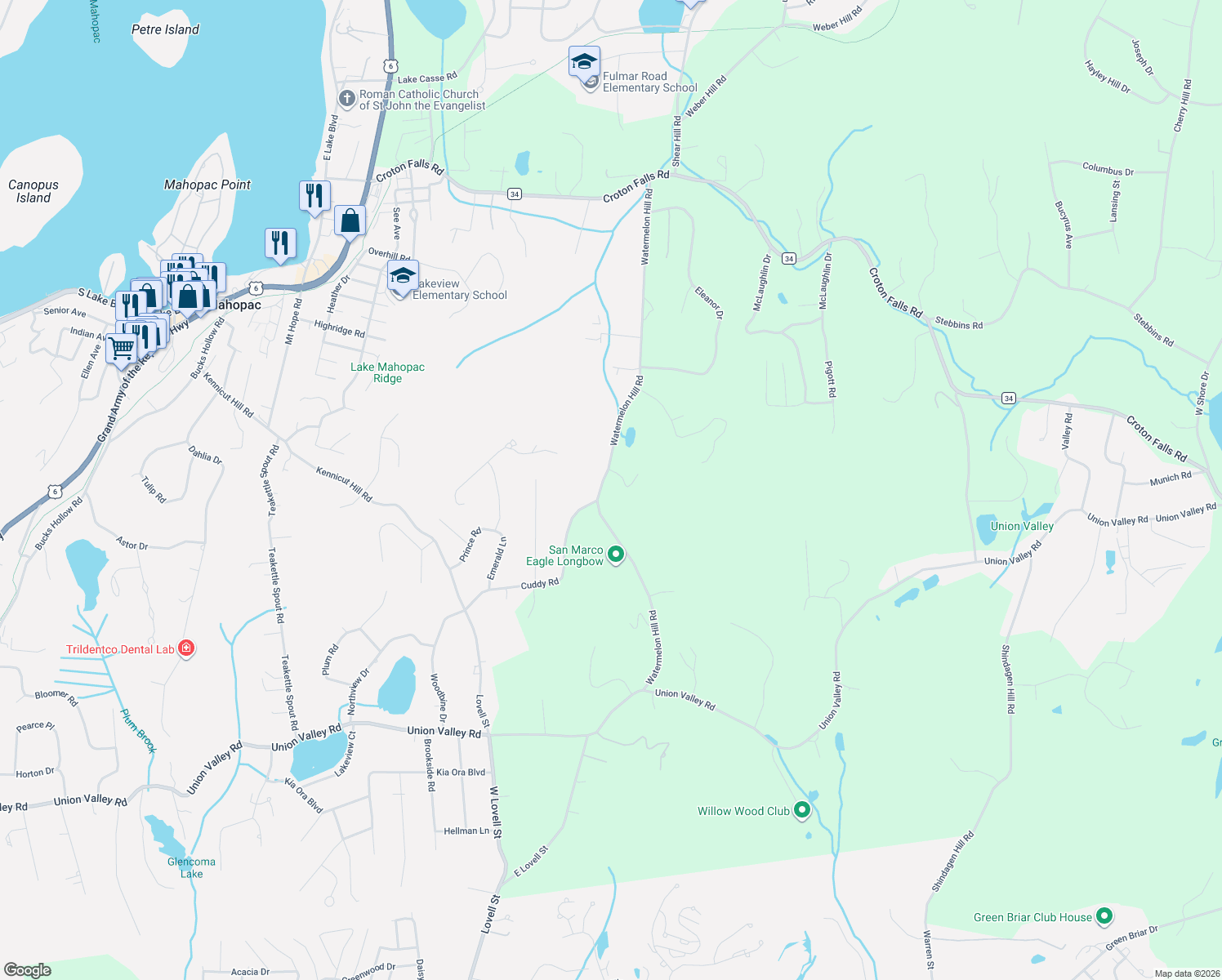 map of restaurants, bars, coffee shops, grocery stores, and more near 134 Watermelon Hill Road in Mahopac