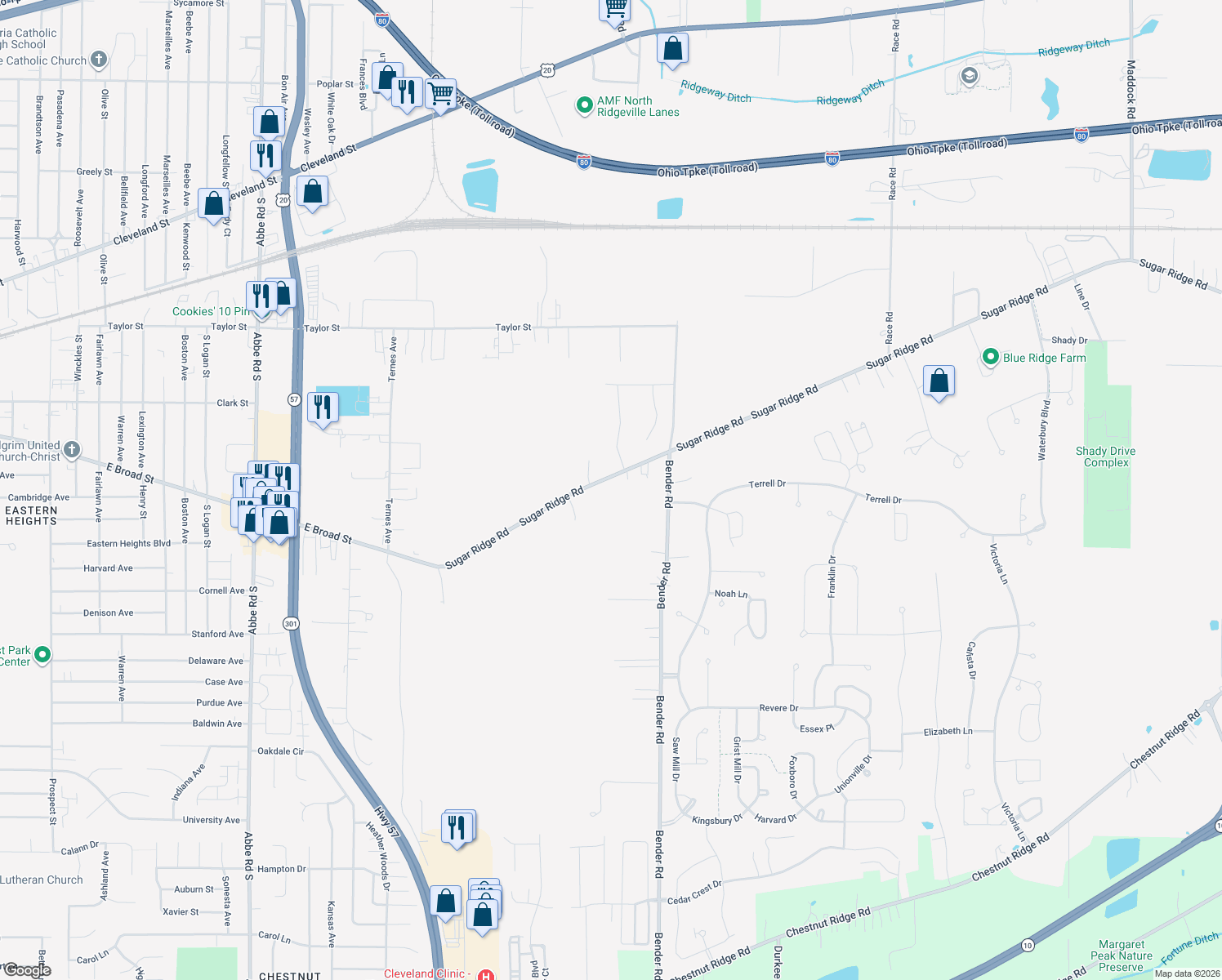 map of restaurants, bars, coffee shops, grocery stores, and more near 38733 Sugar Ridge Road in North Ridgeville