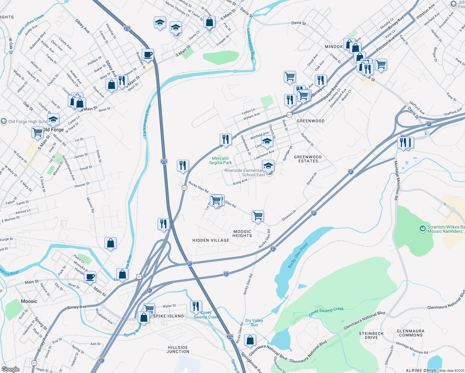 map of restaurants, bars, coffee shops, grocery stores, and more near 4107 Kreig Avenue in Moosic
