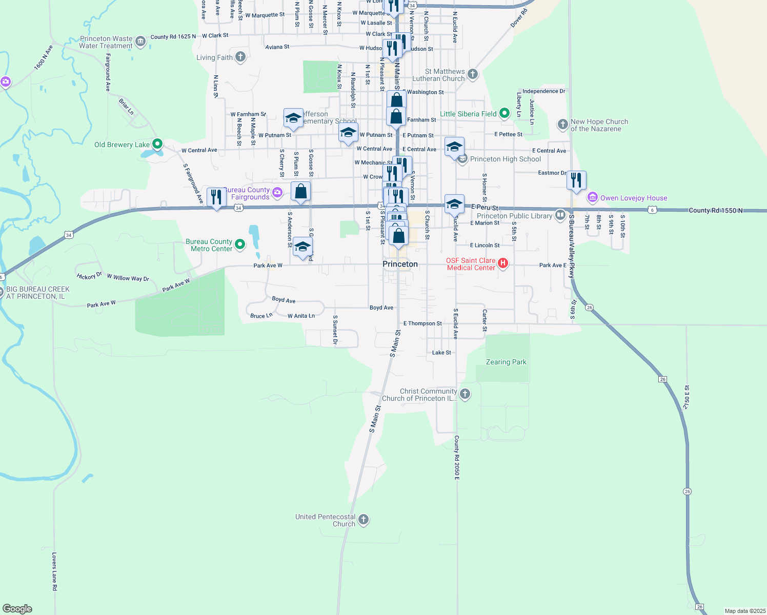 map of restaurants, bars, coffee shops, grocery stores, and more near 903 South Pleasant Street in Princeton